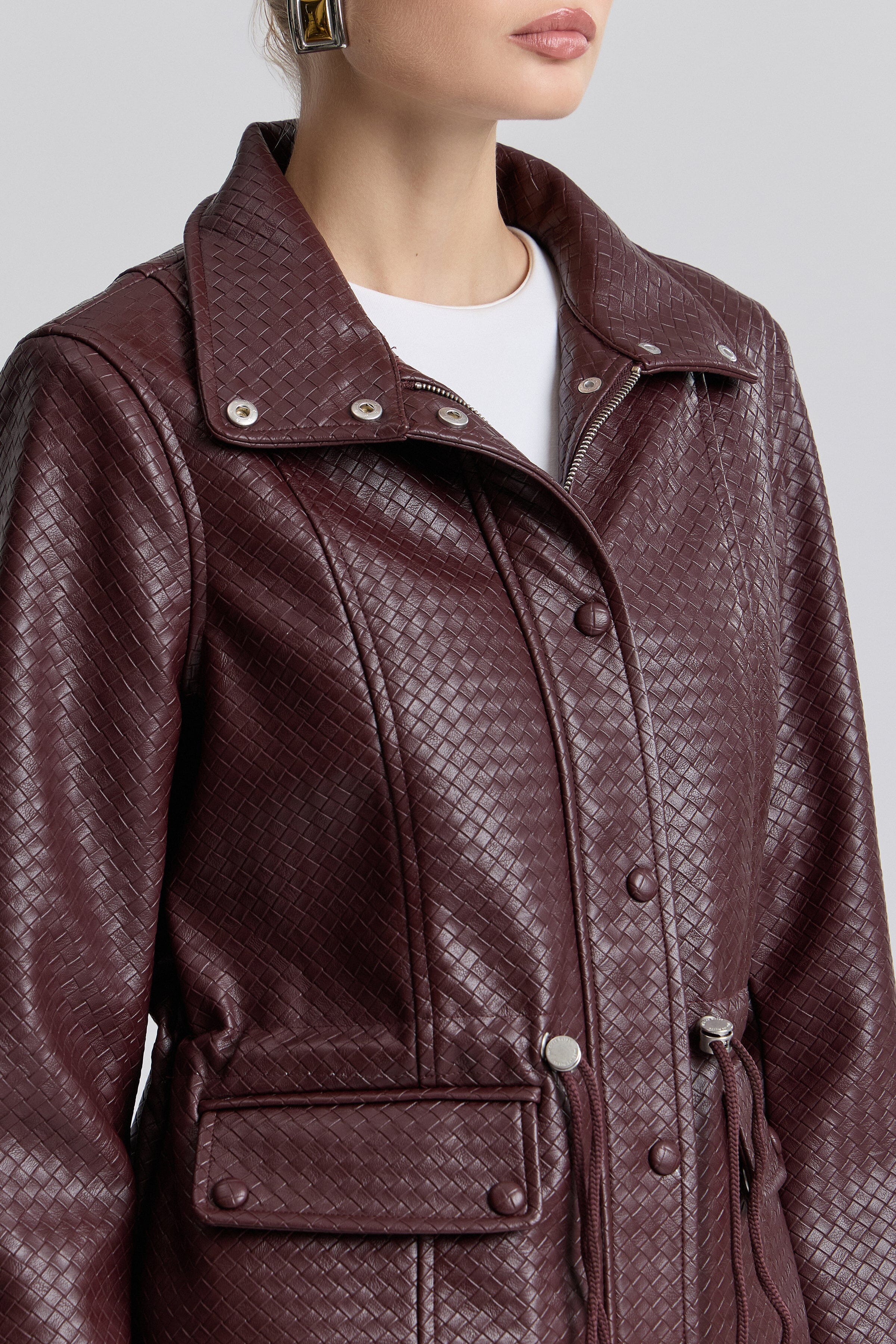 Basketweave burgundy cropped faux leather jacket - Shop women's cute crop jackets by Avec Les Filles.