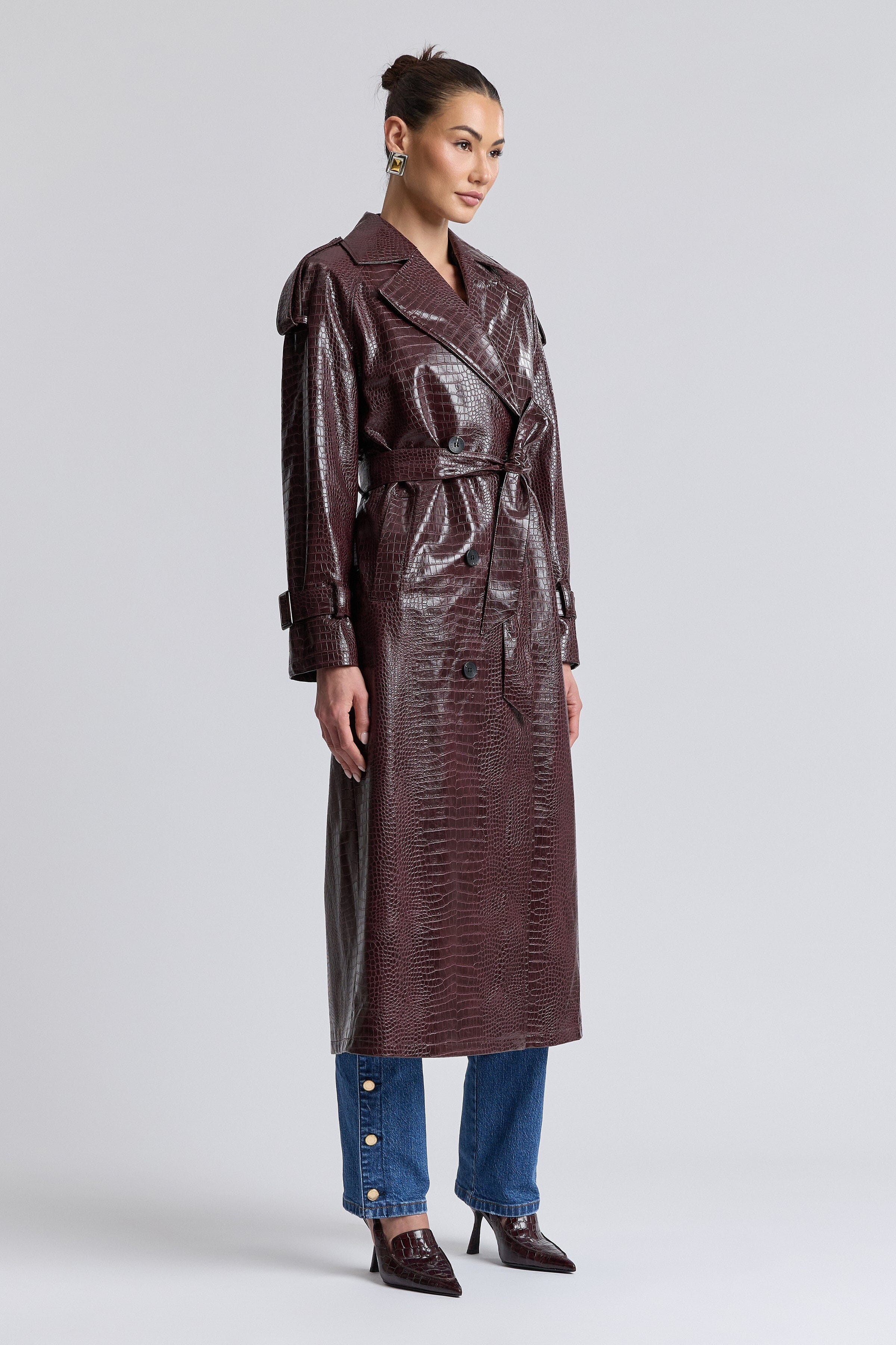 Dark red faux leather belted trench coat womens with long sleeves - Shop cute maxi trench coats by Avec Les Filles.