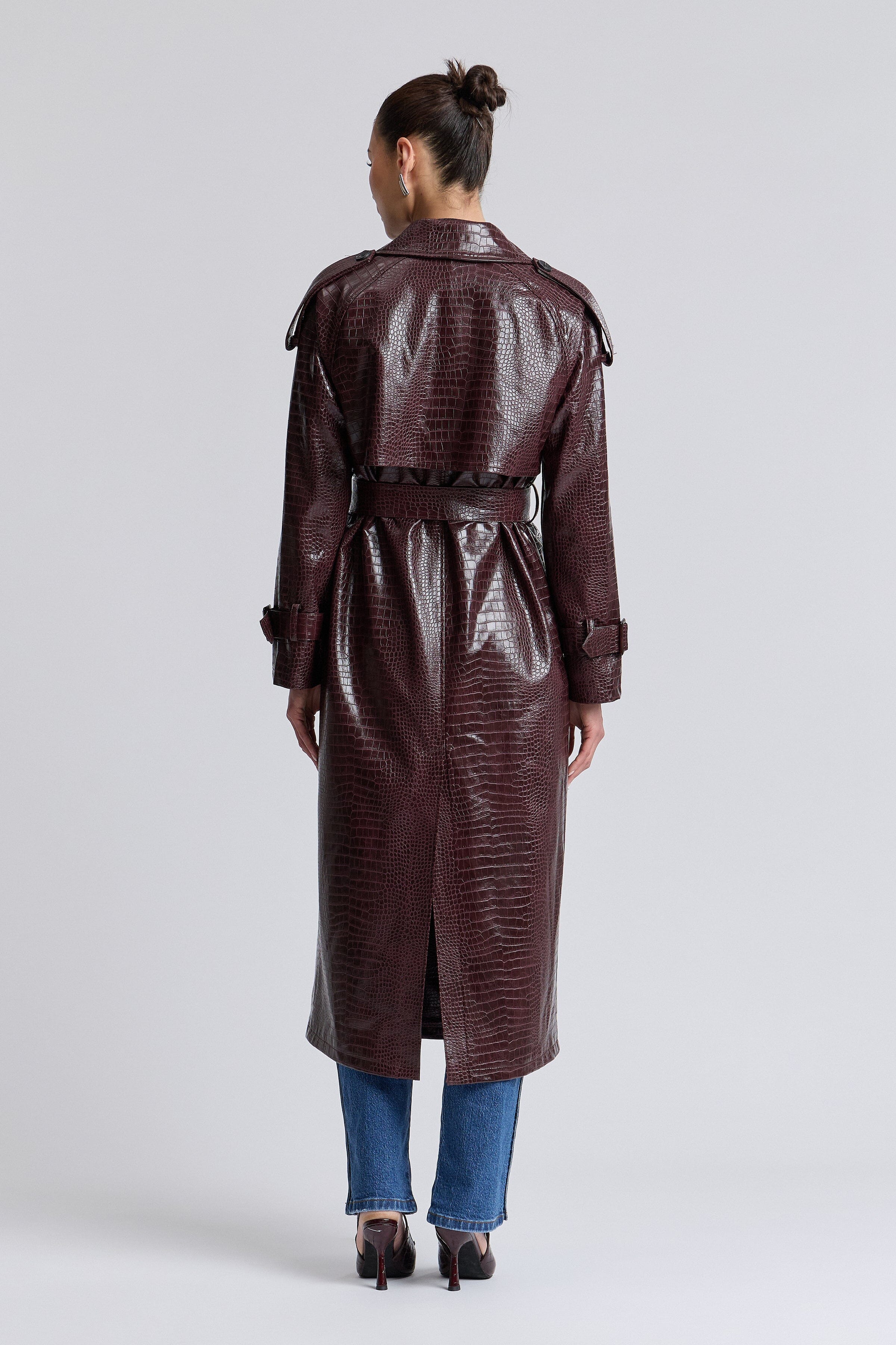 Dark red faux leather crocodile trench with long sleeves - Shop women's cute maxi trench coats by Avec Les Filles.