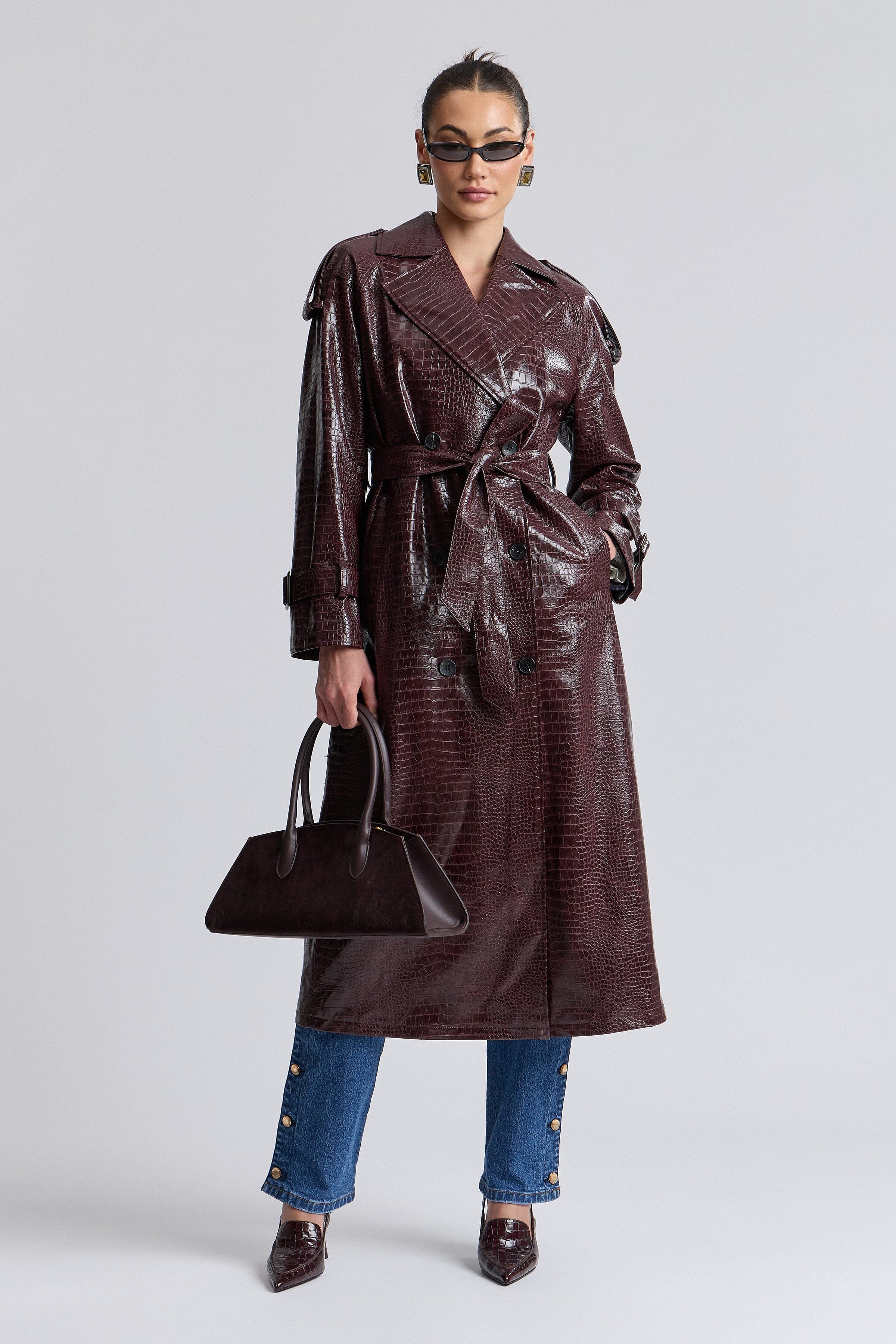 Croc-embossed dark red faux leather maxi trench coat with long sleeves - Shop cute maxi trench coats by Avec Les Filles.
