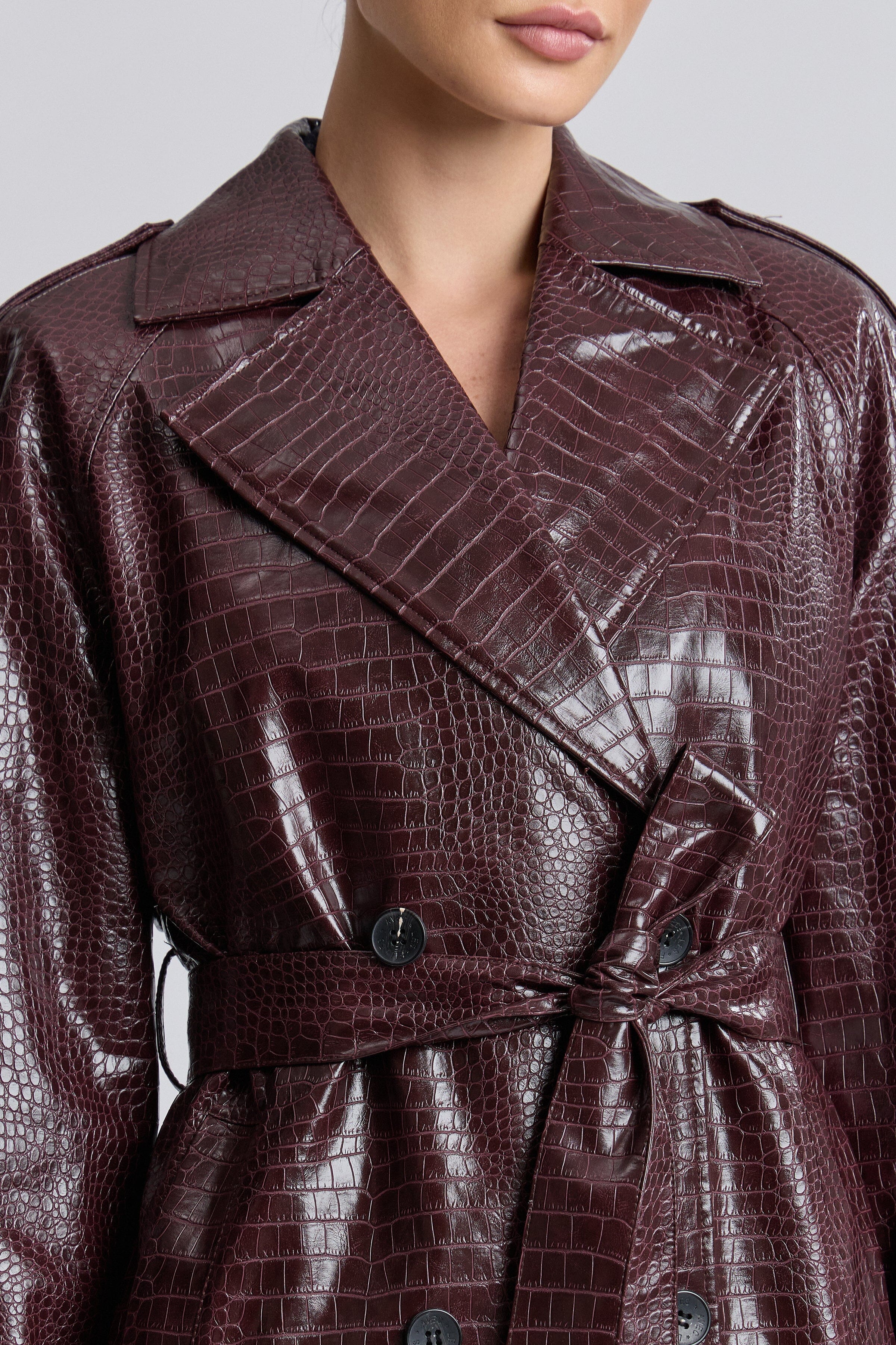 Croc-embossed dark red faux leather tie belt trench coat - Shop women's cute maxi trench coats by Avec Les Filles.