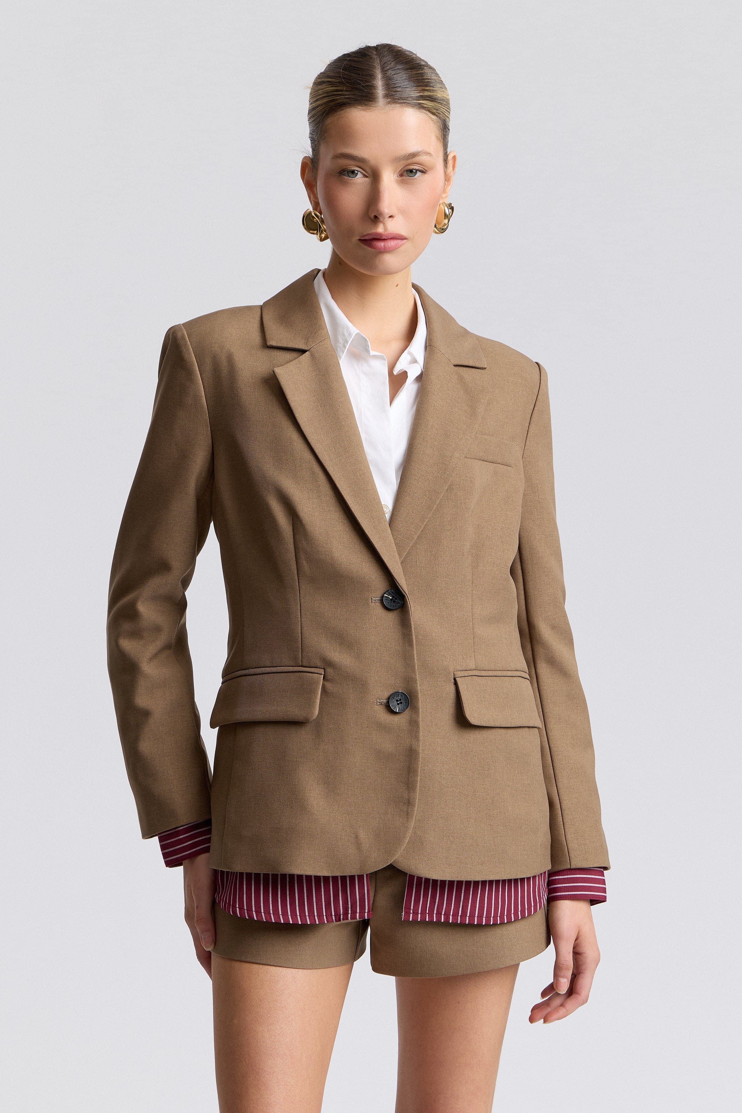 Cotton blend single-breasted brown jacket blazer with button front - Shop women's pinstripe blazer jackets by Avec Les Filles.
