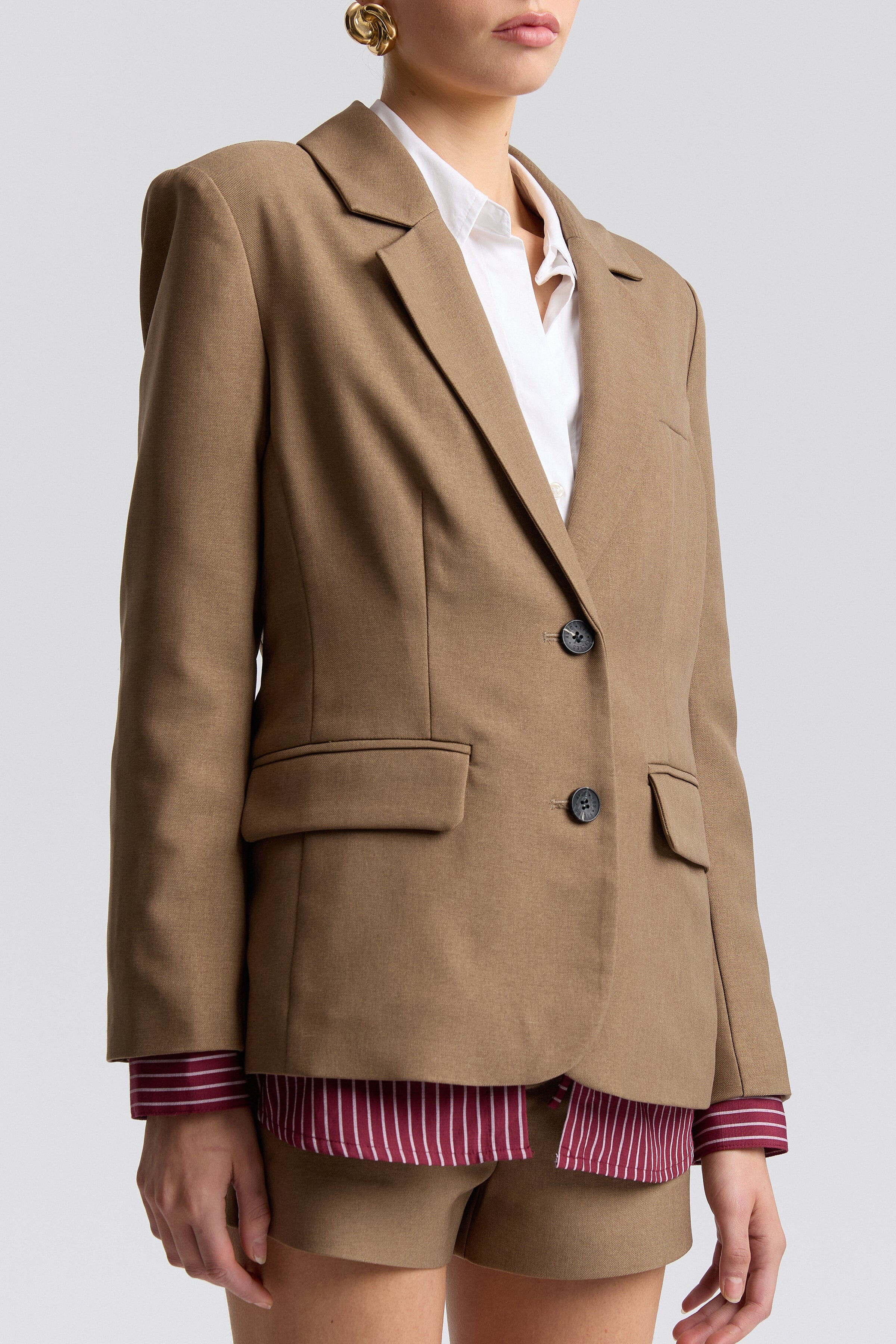 Cotton blend single-breasted light  brown blazer womens with button front - Shop cute blazer jackets by Avec Les Filles.