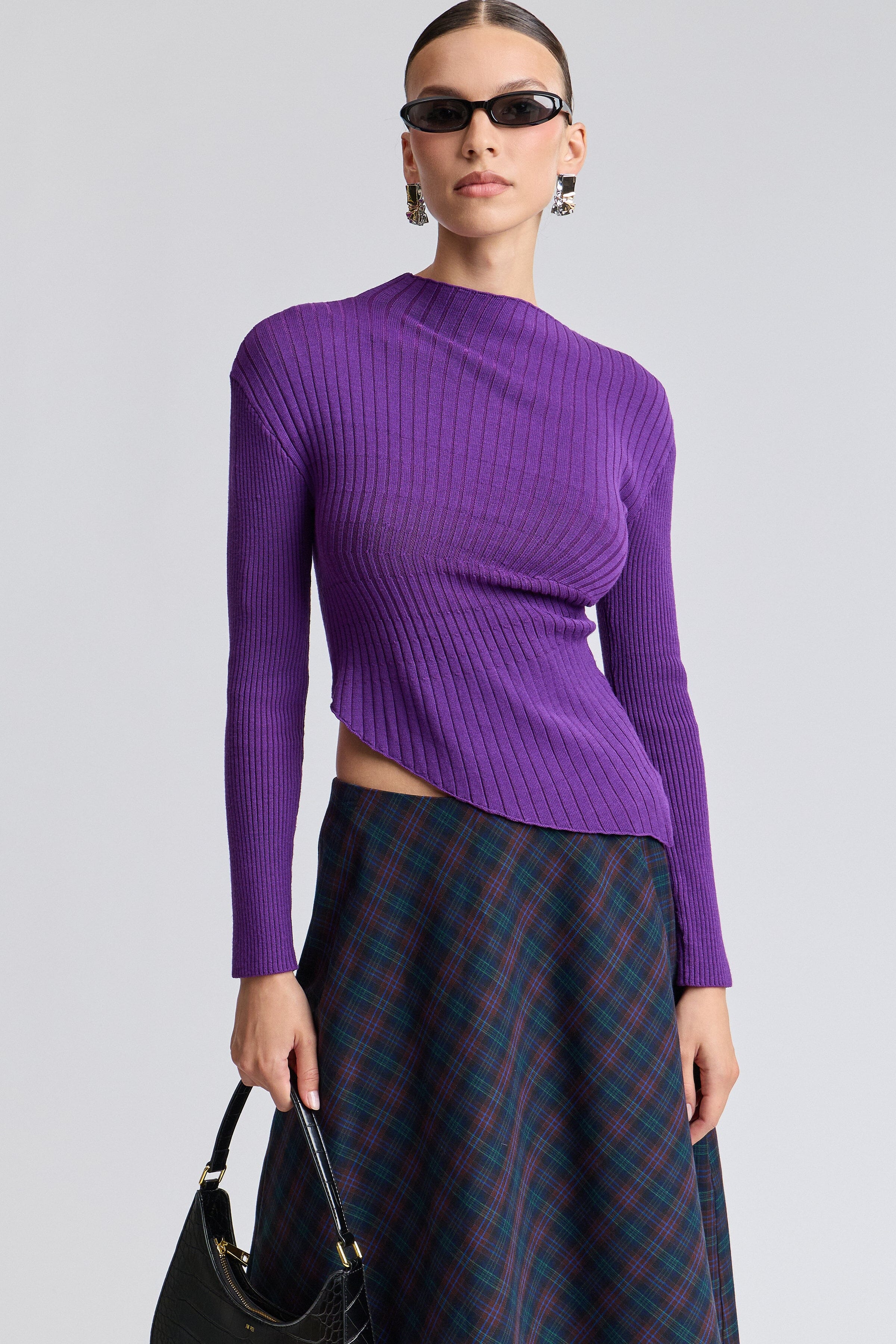 Purple ribbed long sleeve top sweater with asymmetric neck - Shop women's sweater tops by Avec Les Filles.