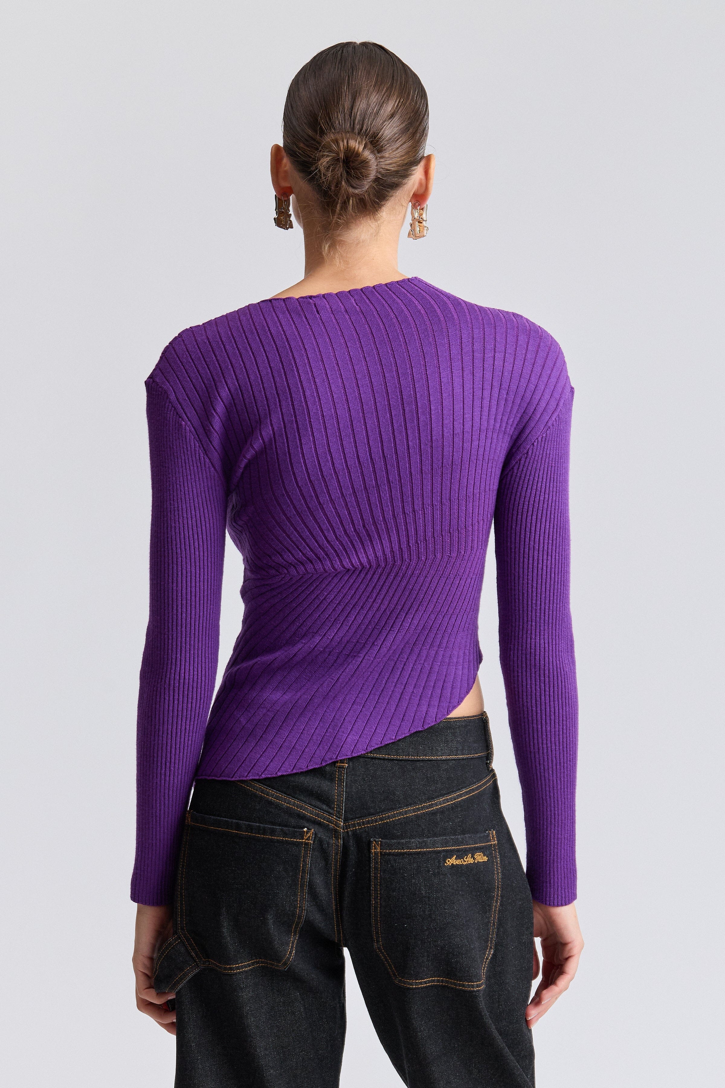 Ribbed knit purple women's top with asymmetric neck - Shop designer sweater tops by Avec Les Filles.