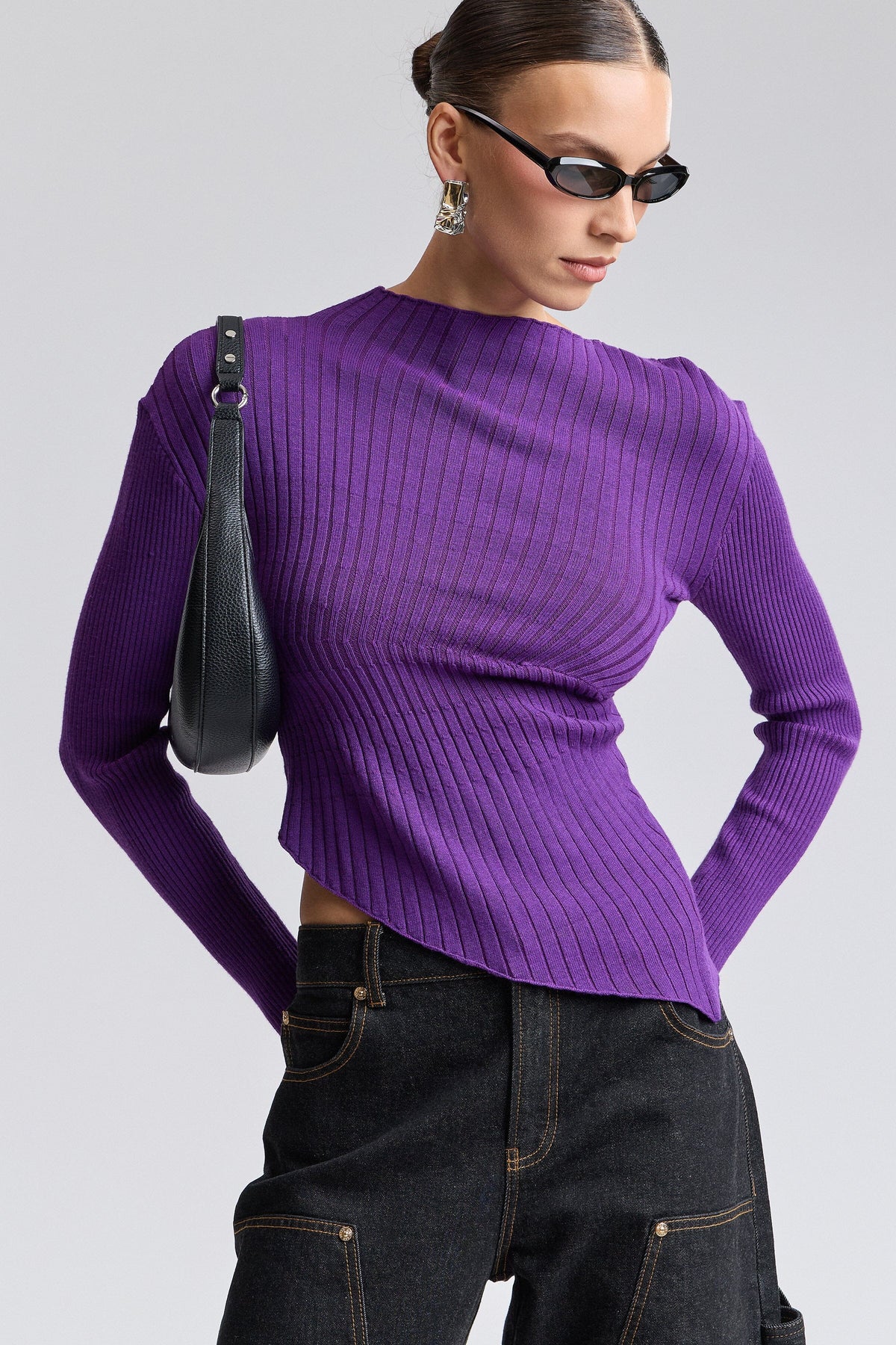 Ribbed knit purple womens top with asymmetric neck and long sleeves - Shop sweater tops by Avec Les Filles.