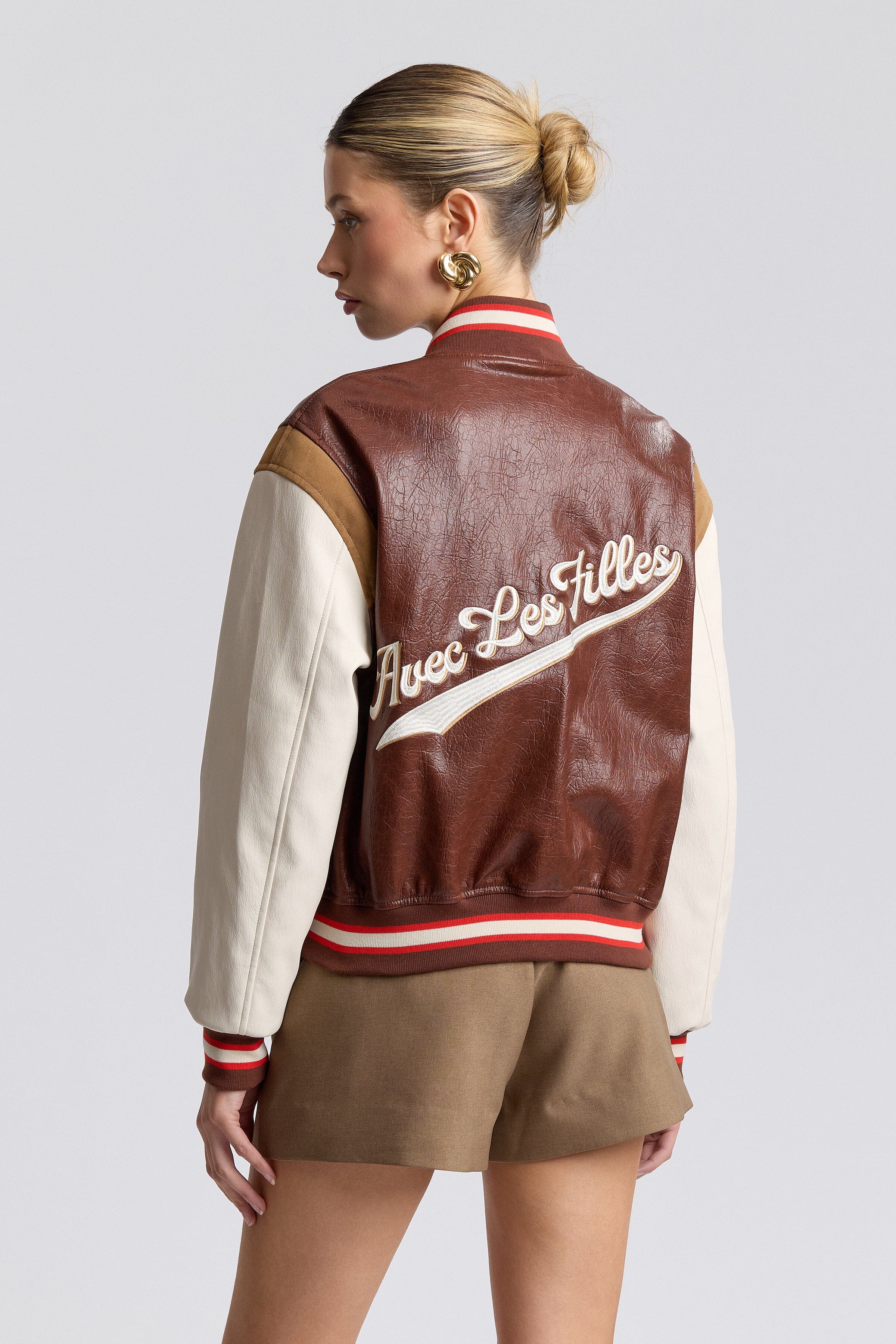 Faux-leather red varsity bomber jacket with long sleeves - Shop women's cute varsity jackets by Avec Les Filles.