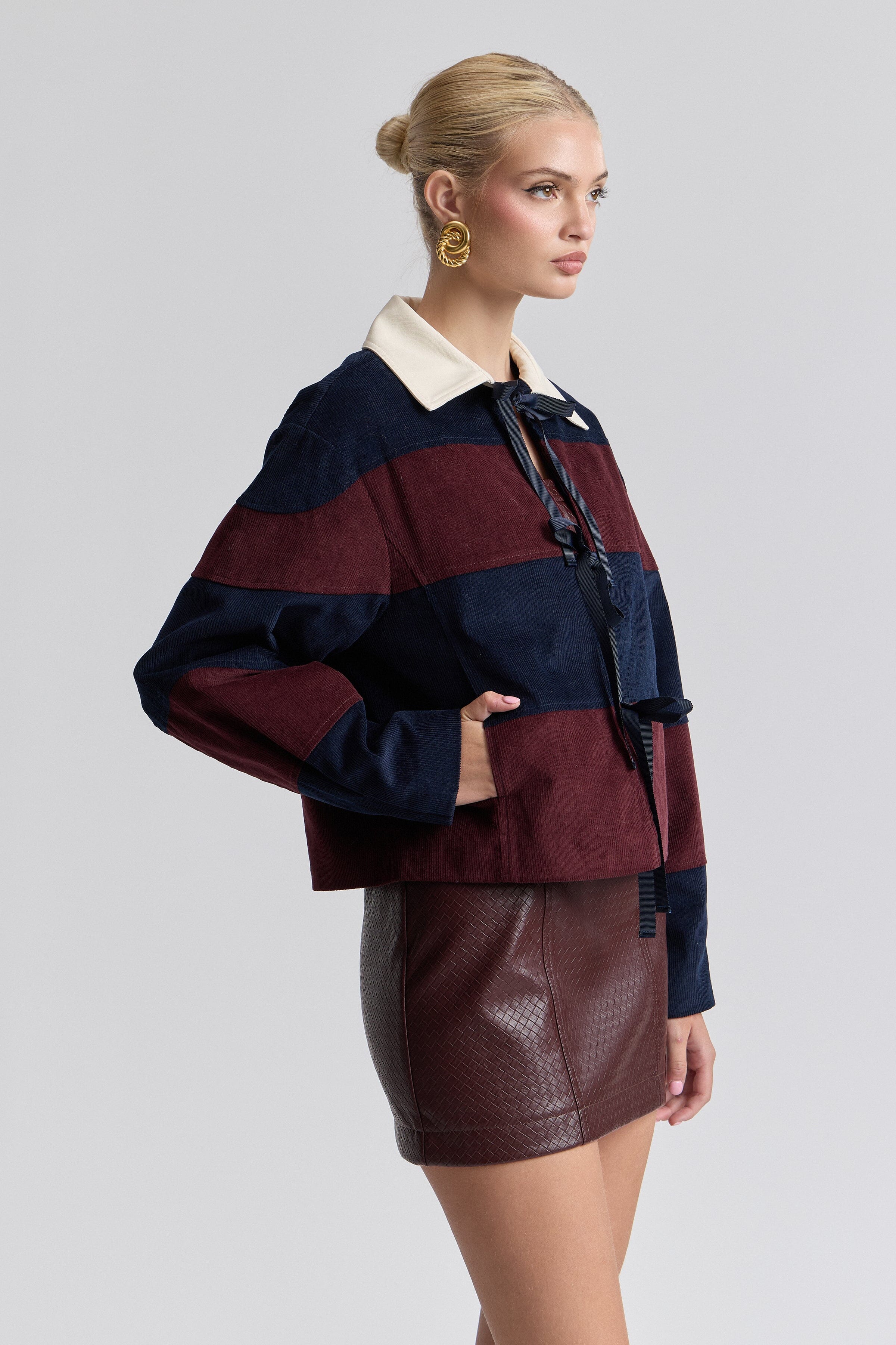 Rugby stripe womens corduroy jacket in cotton with point collar and long sleeves. Shop cute jackets by Avec Les Filles.