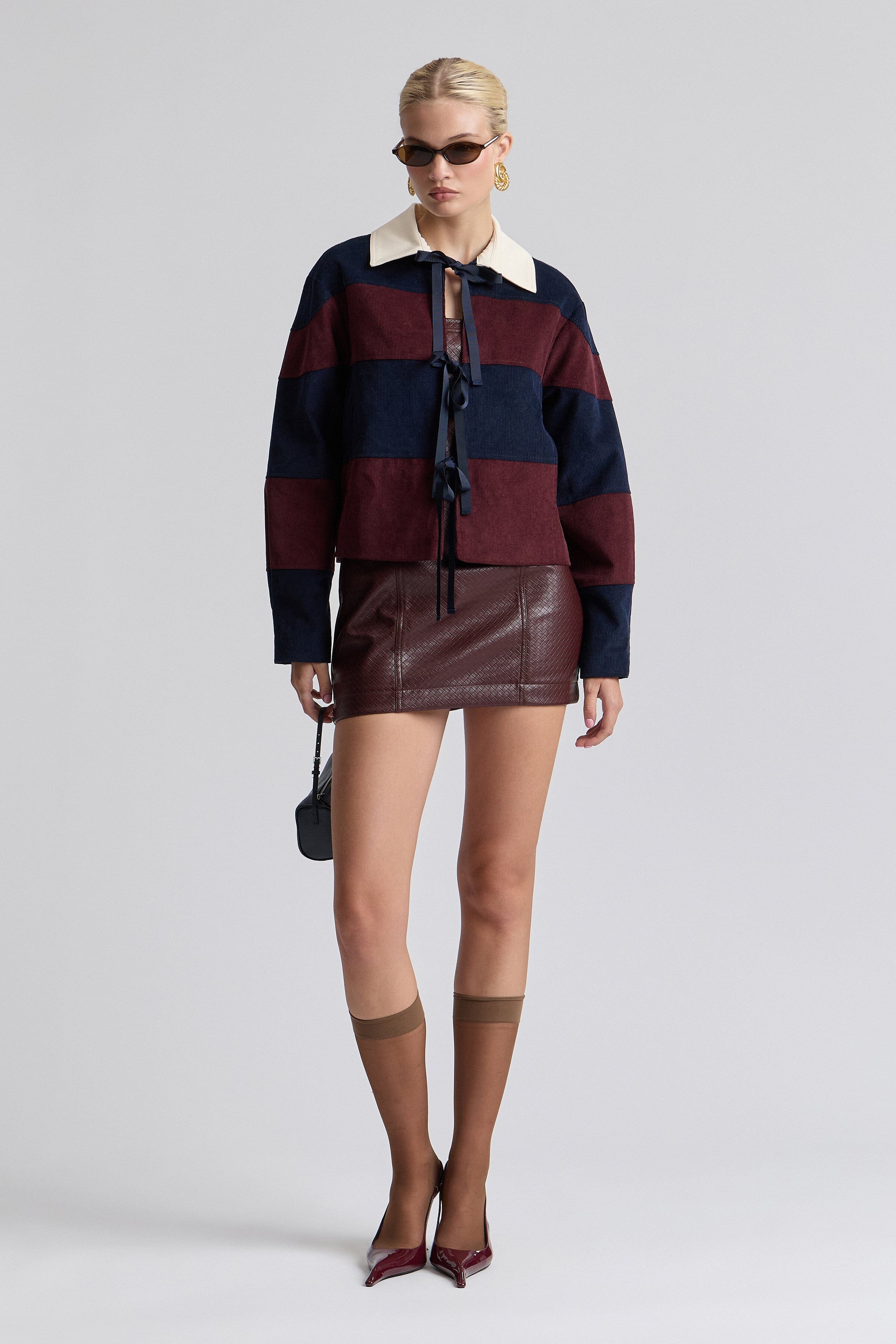Rugby stripe tie-front corduroy jacket in cotton with long sleeves. Shop women's cute corduroy jackets by Avec Les Filles.