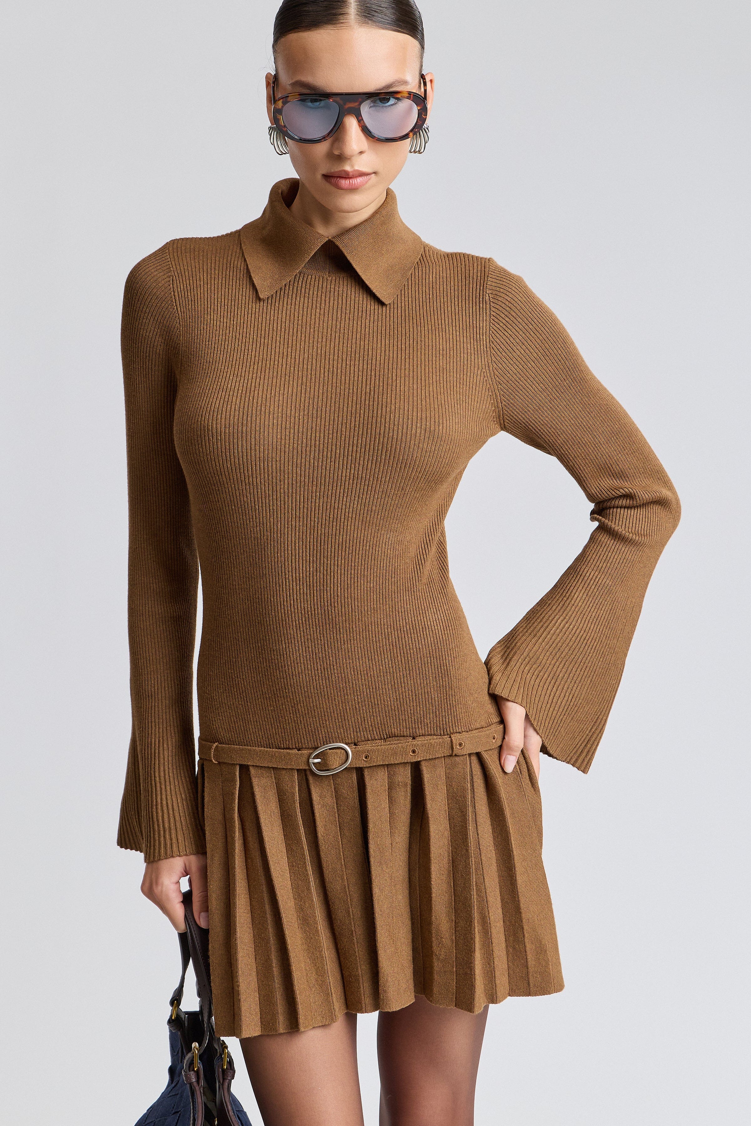 Pleated brown long sleeve mini dress with long sleeves and adjustable belt - Shop cute mini dresses by Avec Les Filles.