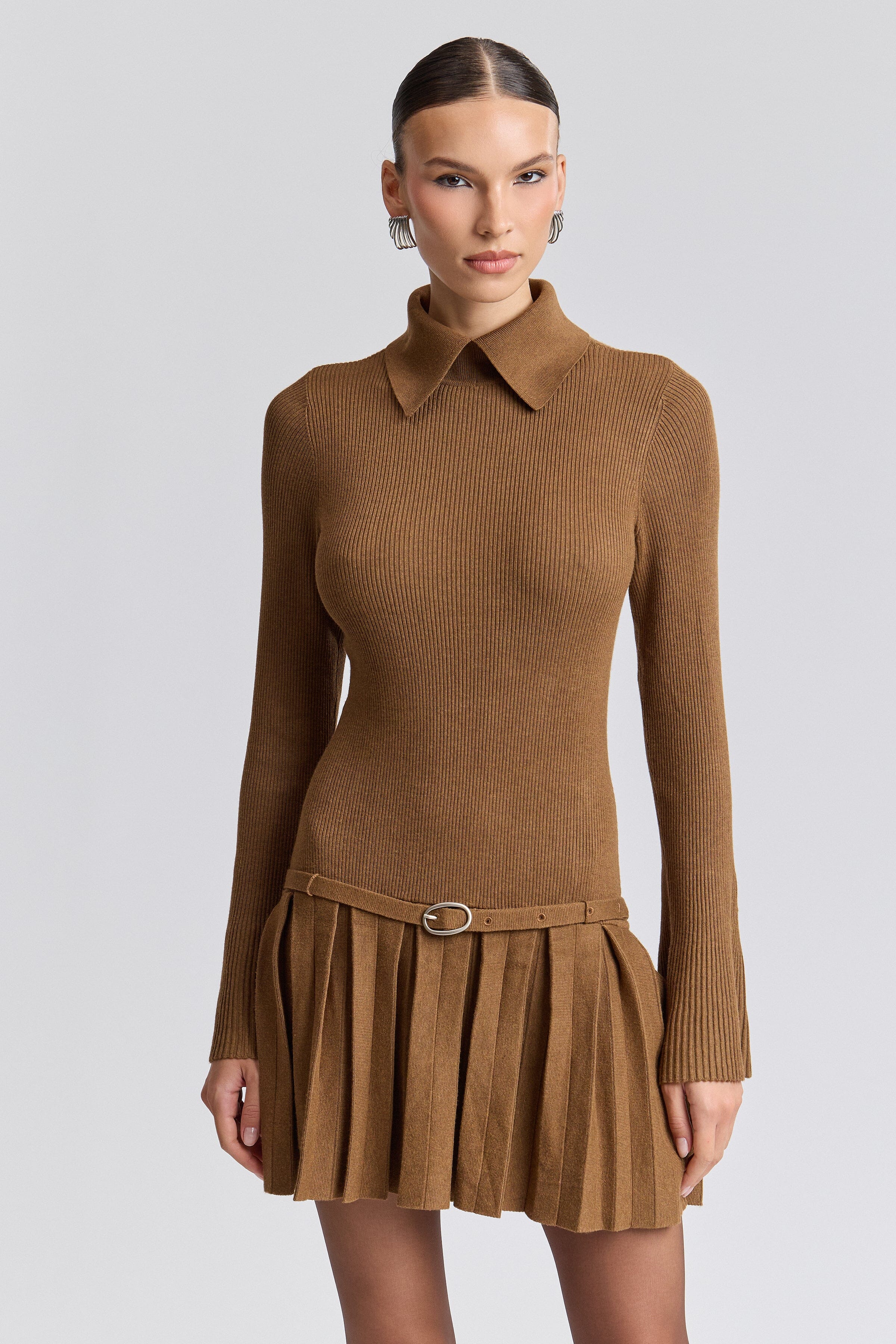 Pleated brown mini dress long sleeve with a point collar and adjustable belt - Shop women's mini dresses by Avec Les Filles.