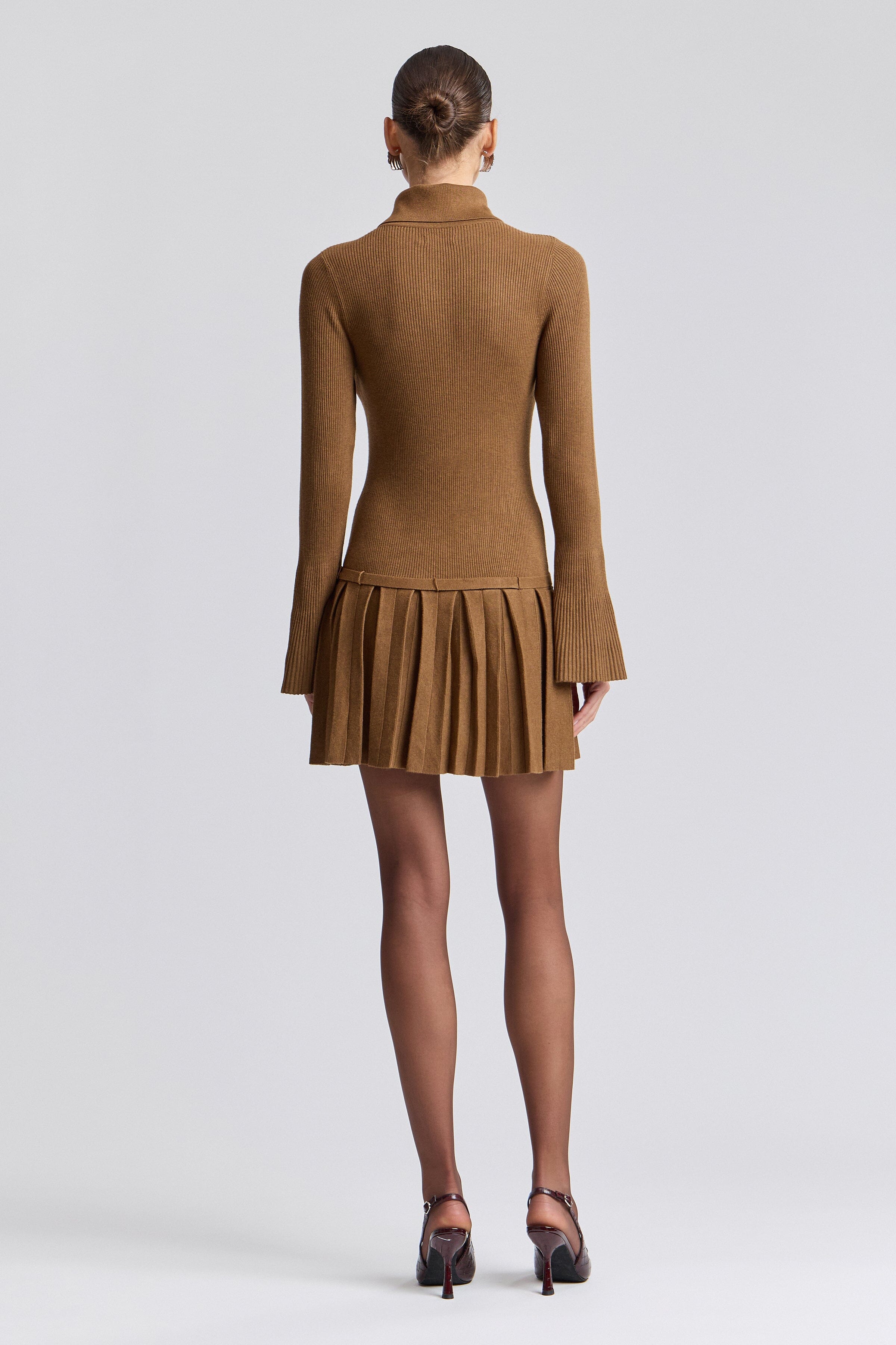 Pleated long sleeve brown mini dress with adjustable belt - Shop women's cute mini dresses by Avec Les Filles.