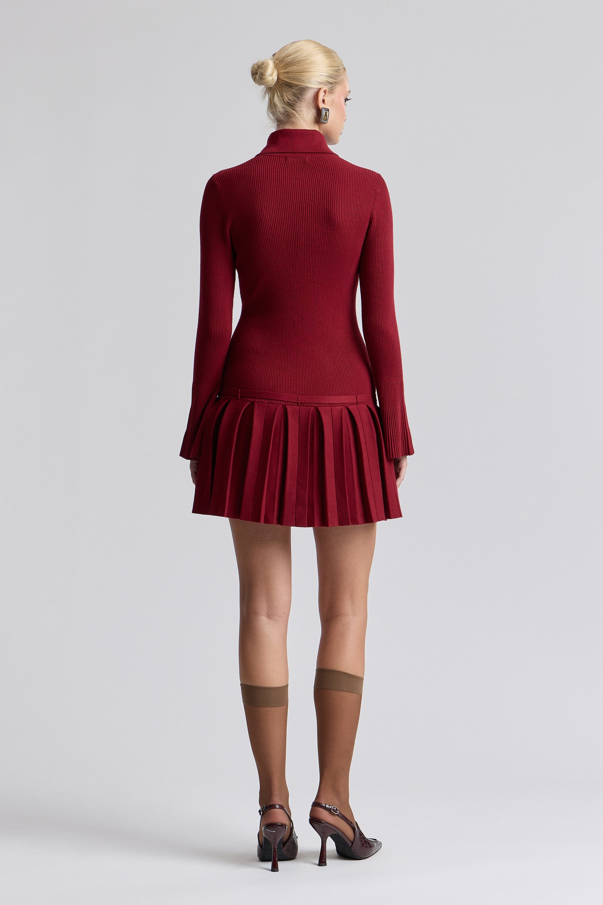 Drop-waist pleated mini red sweater dress with long sleeves - Shop women's cute mini dresses by Avec Les Filles.