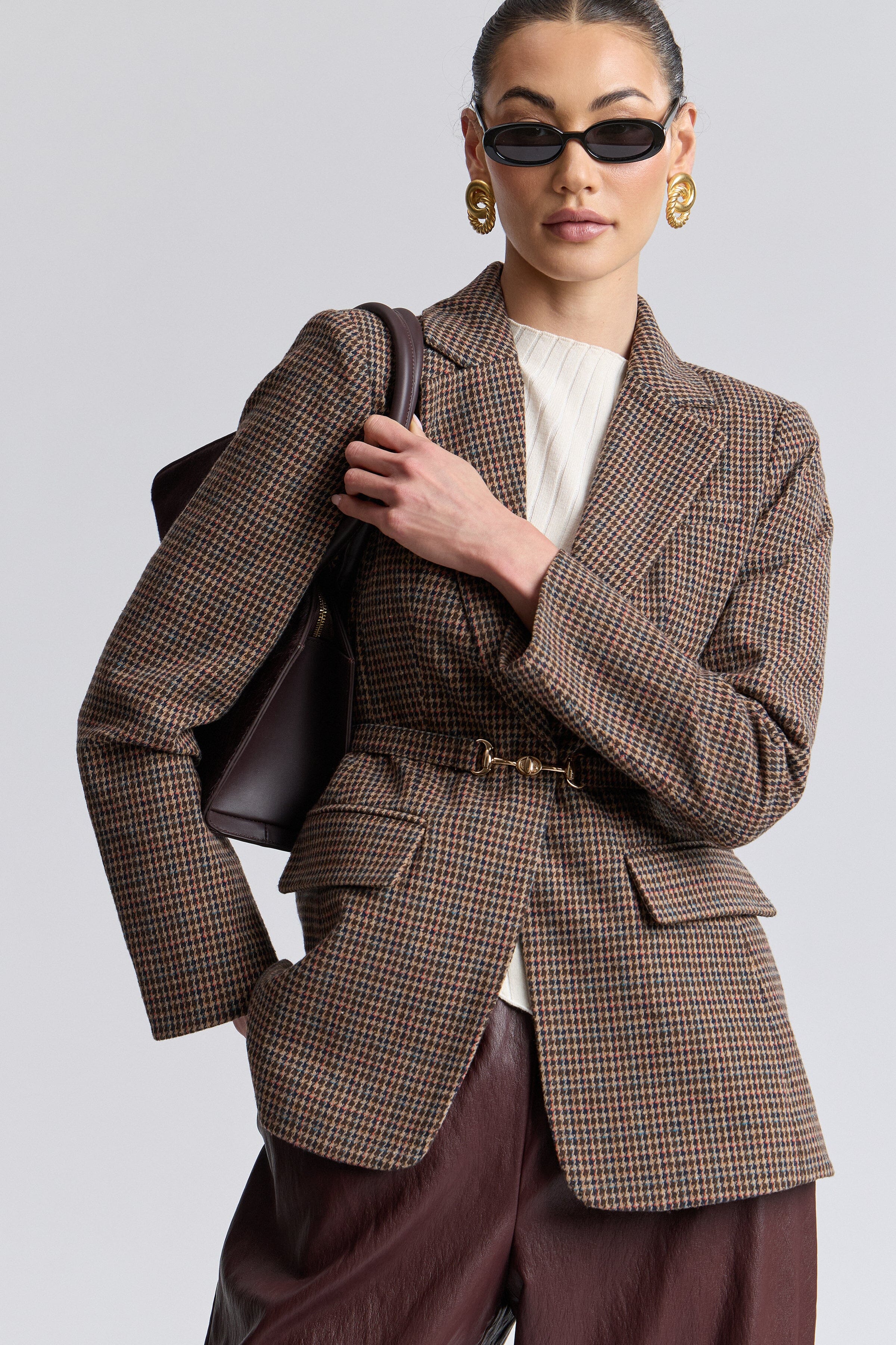Single-breasted brown houndstooth blazer with removable belt - Shop women's blazer jackets by Avec Les Filles