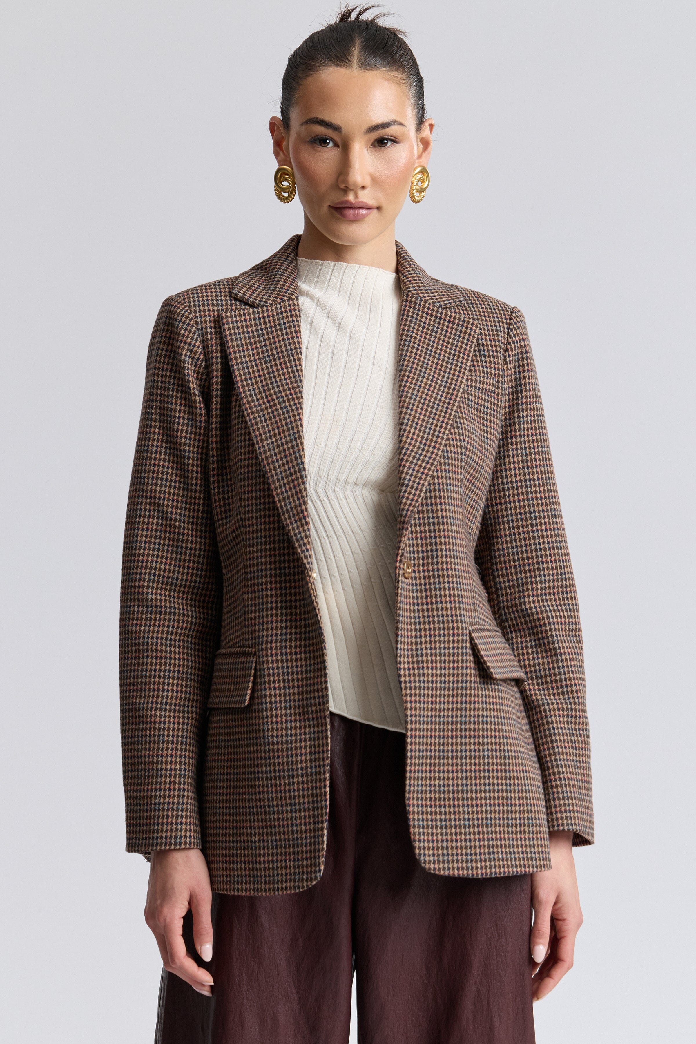 Single-breasted houndstooth brown blazer women with removable belt - Shop designer blazer jackets by Avec Les Filles