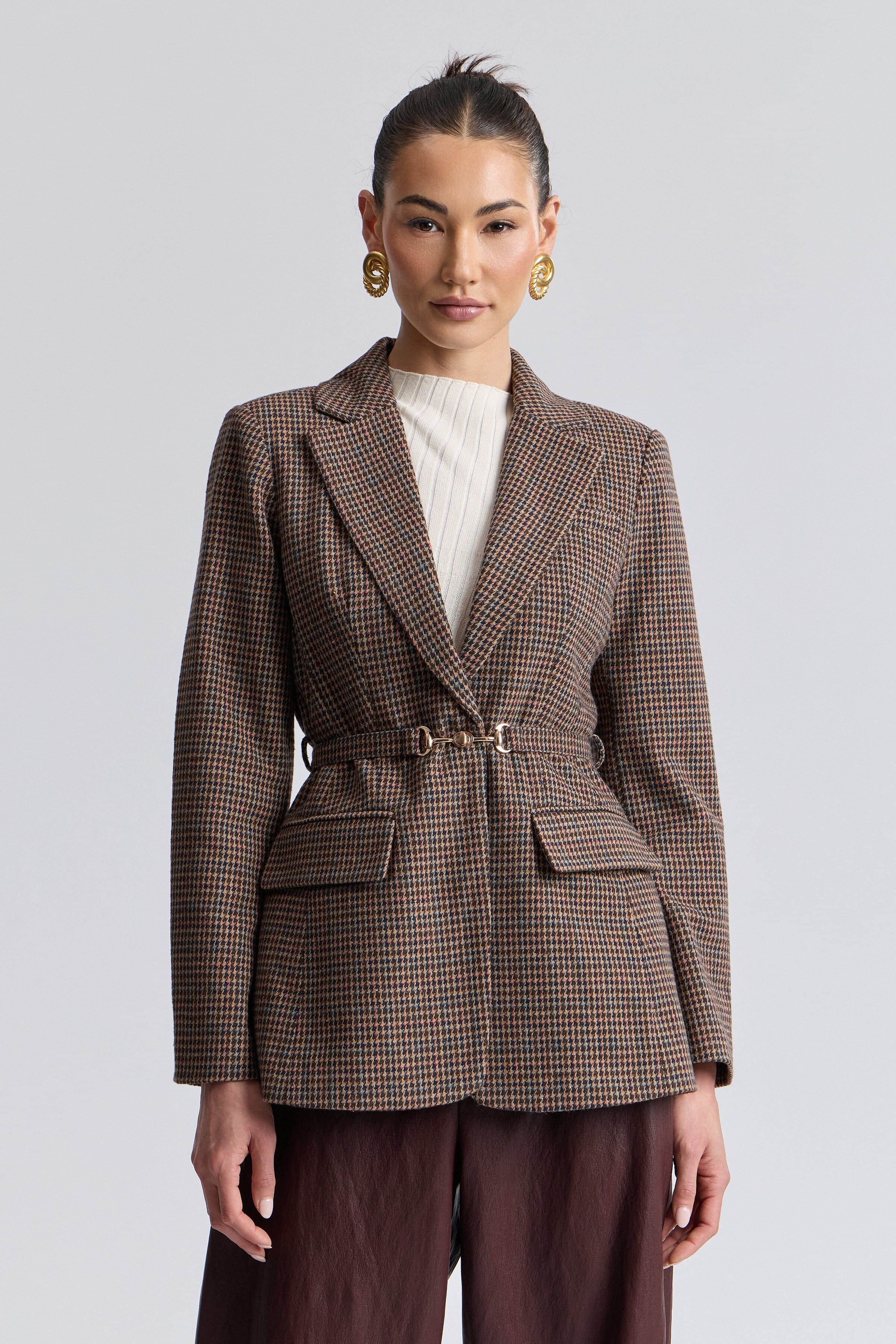 Single-breasted brown houndstooth blazer womens with removable belt - Shop women's blazer jackets by Avec Les Filles