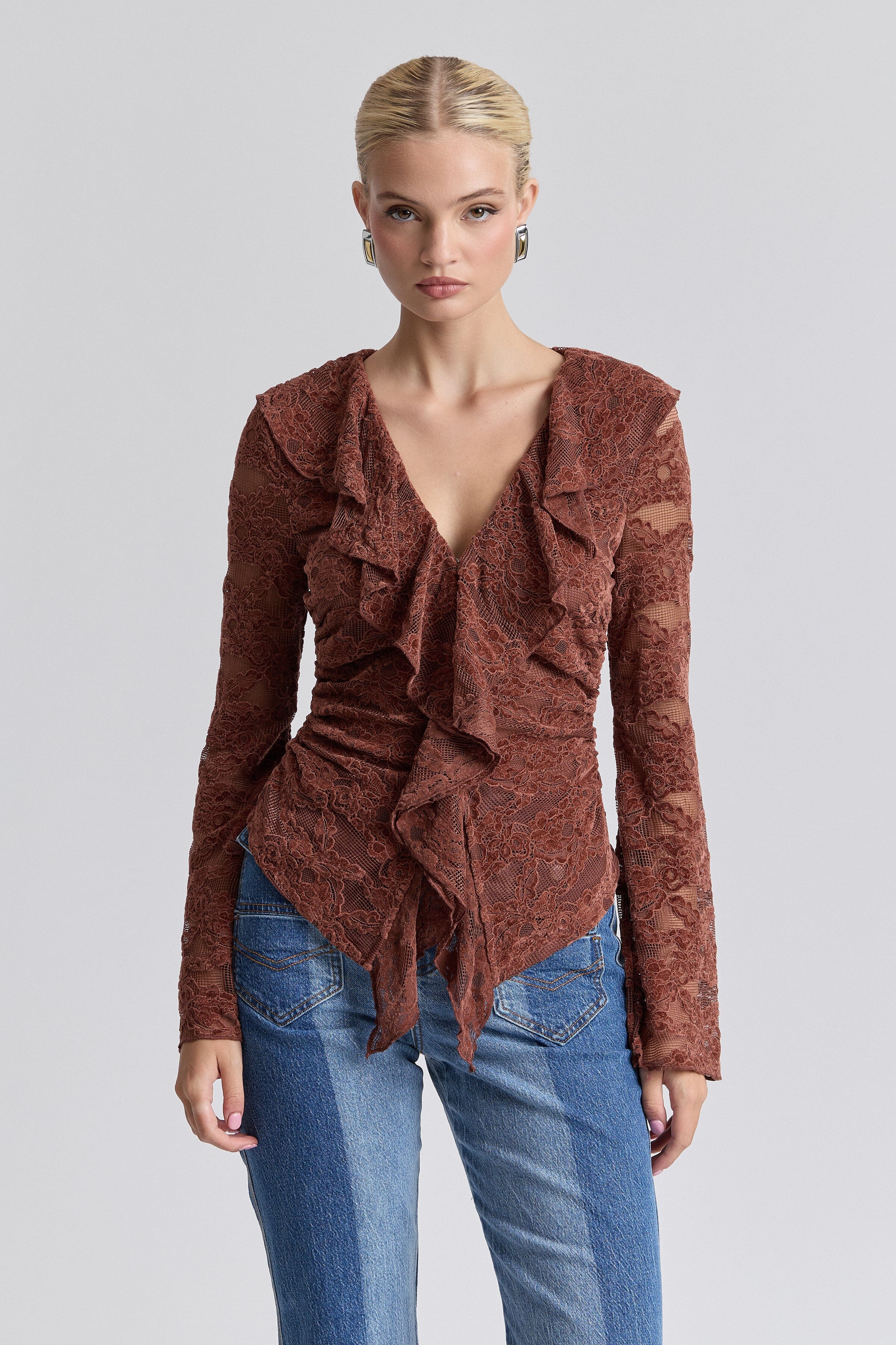 Ruffle-front brown lace top with deep V-neckline and long sleeves - Shop women's cute ruffle tops by Avec Les Filles.