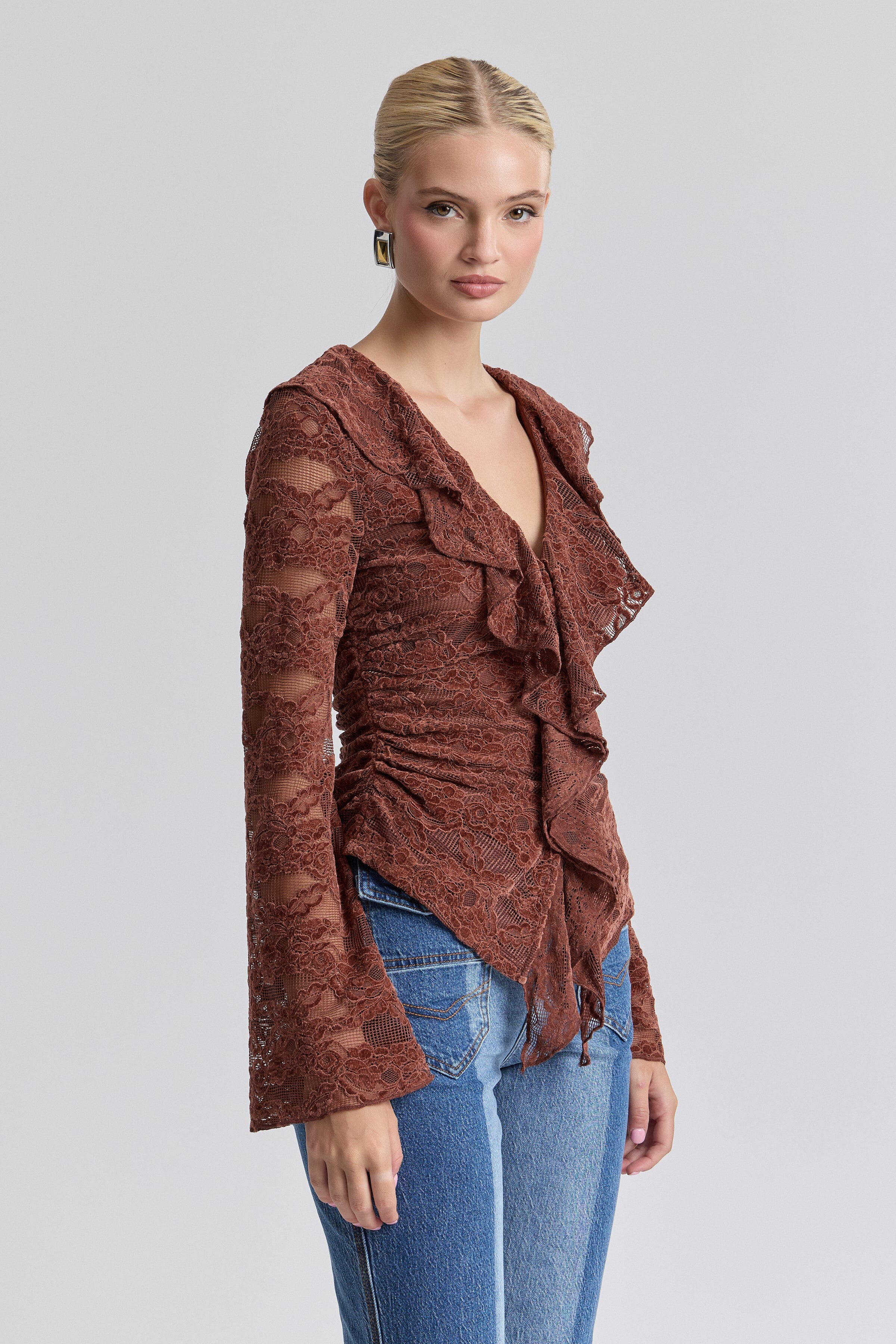 Ruffle-front brown lace blouse with deep V-neckline and long sleeves - Shop cute ruffle tops by Avec Les Filles.