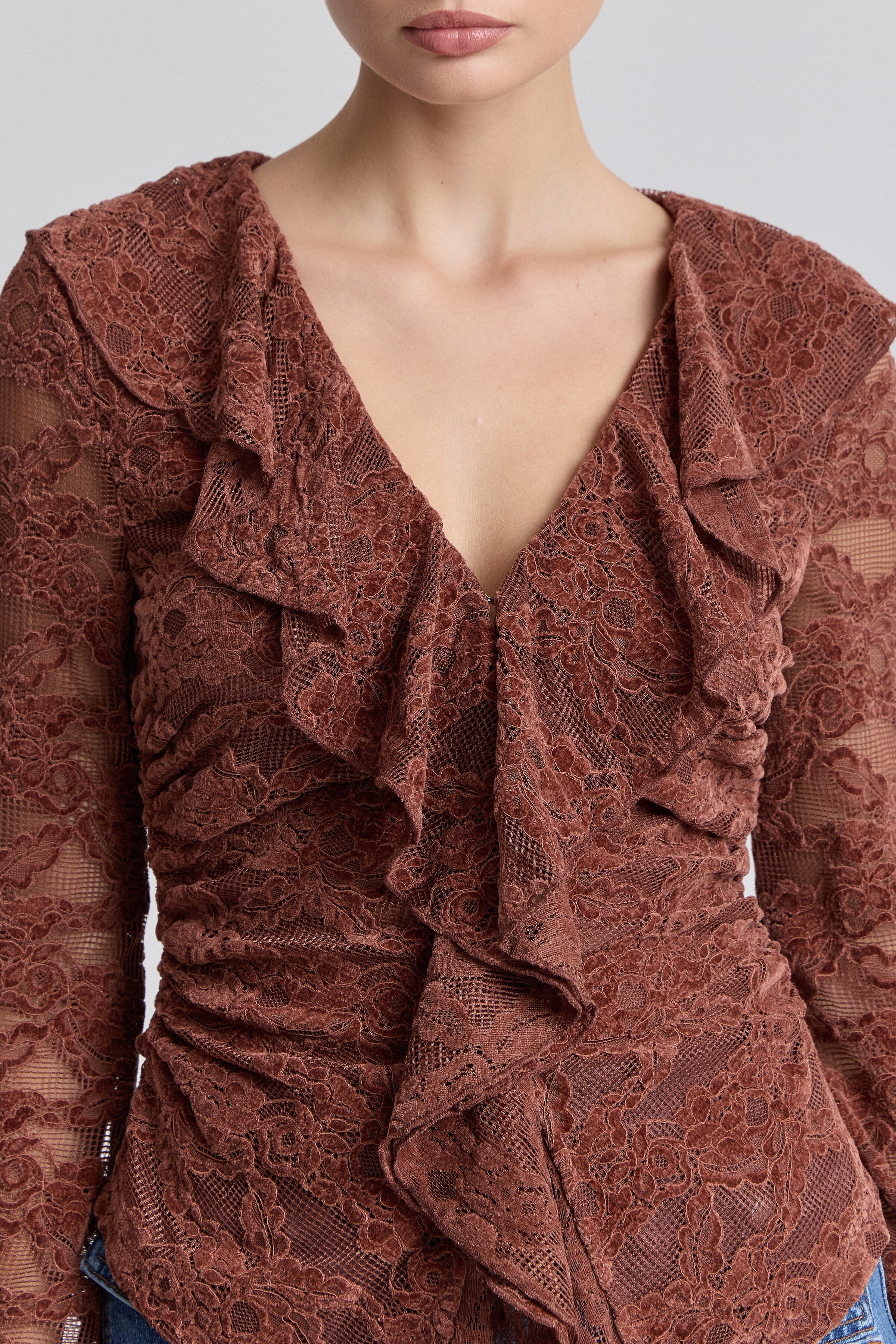 Brown ruffle blouse with deep V-neckline and long sleeves - Shop women's cute ruffle tops by Avec Les Filles.