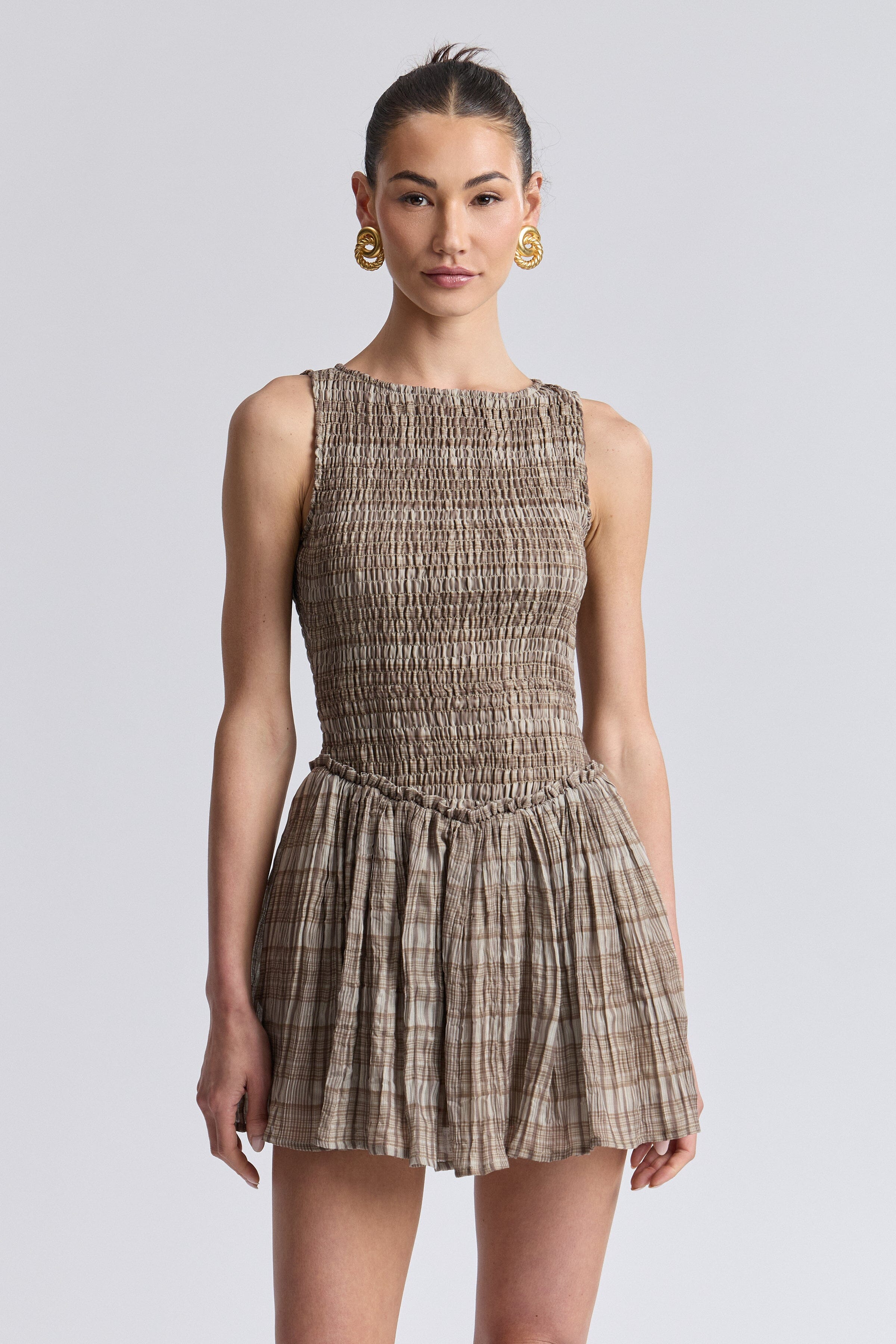 Smocked drop-waist sleeveless tan mini dress plaid with a crew neck - Shop cute women's mini dresses by Avec Les Filles