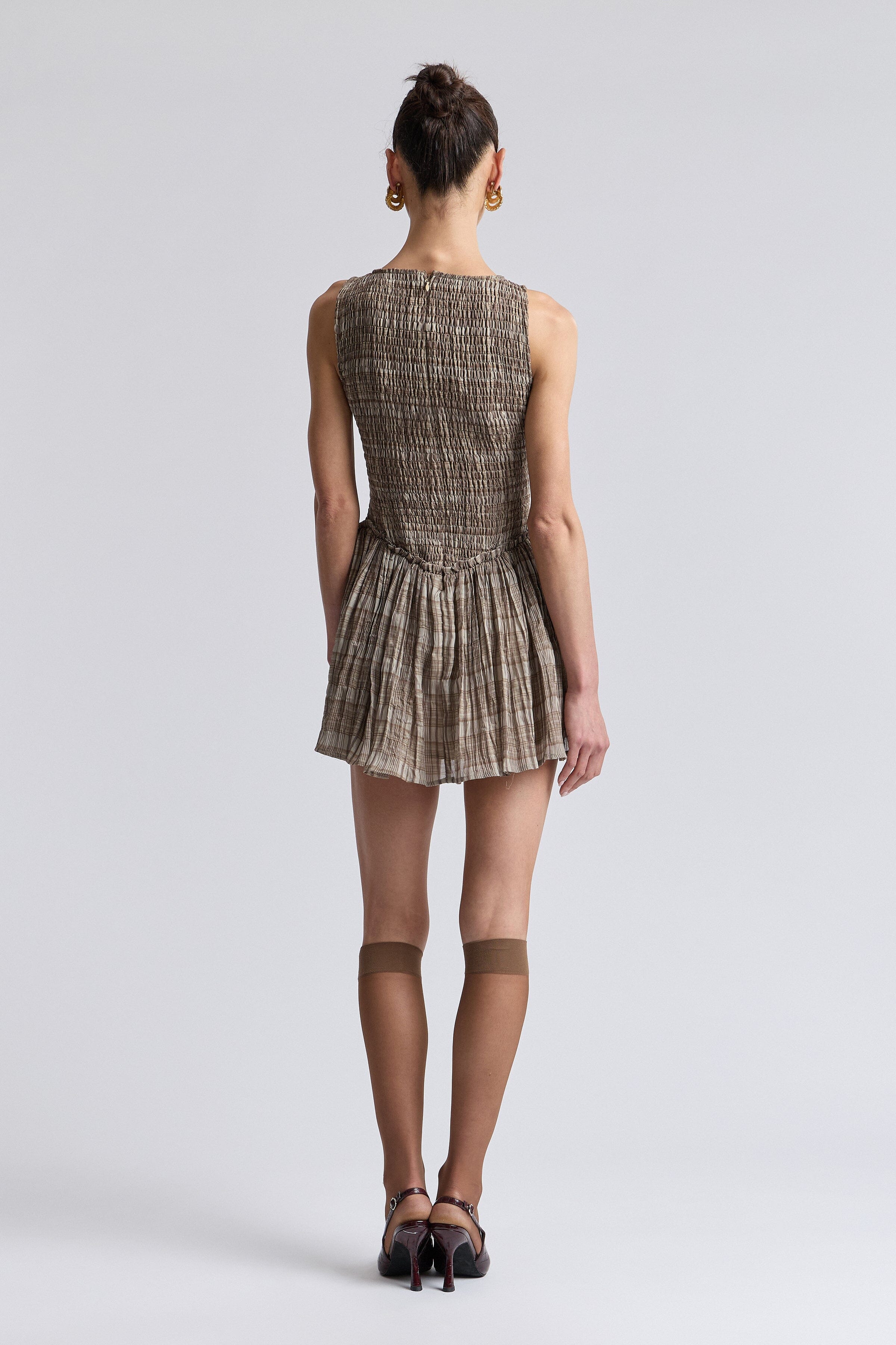 Smocked drop-waist sleeveless tan plaid sleeveless dress - Shop women's cute mini dresses by Avec Les Filles