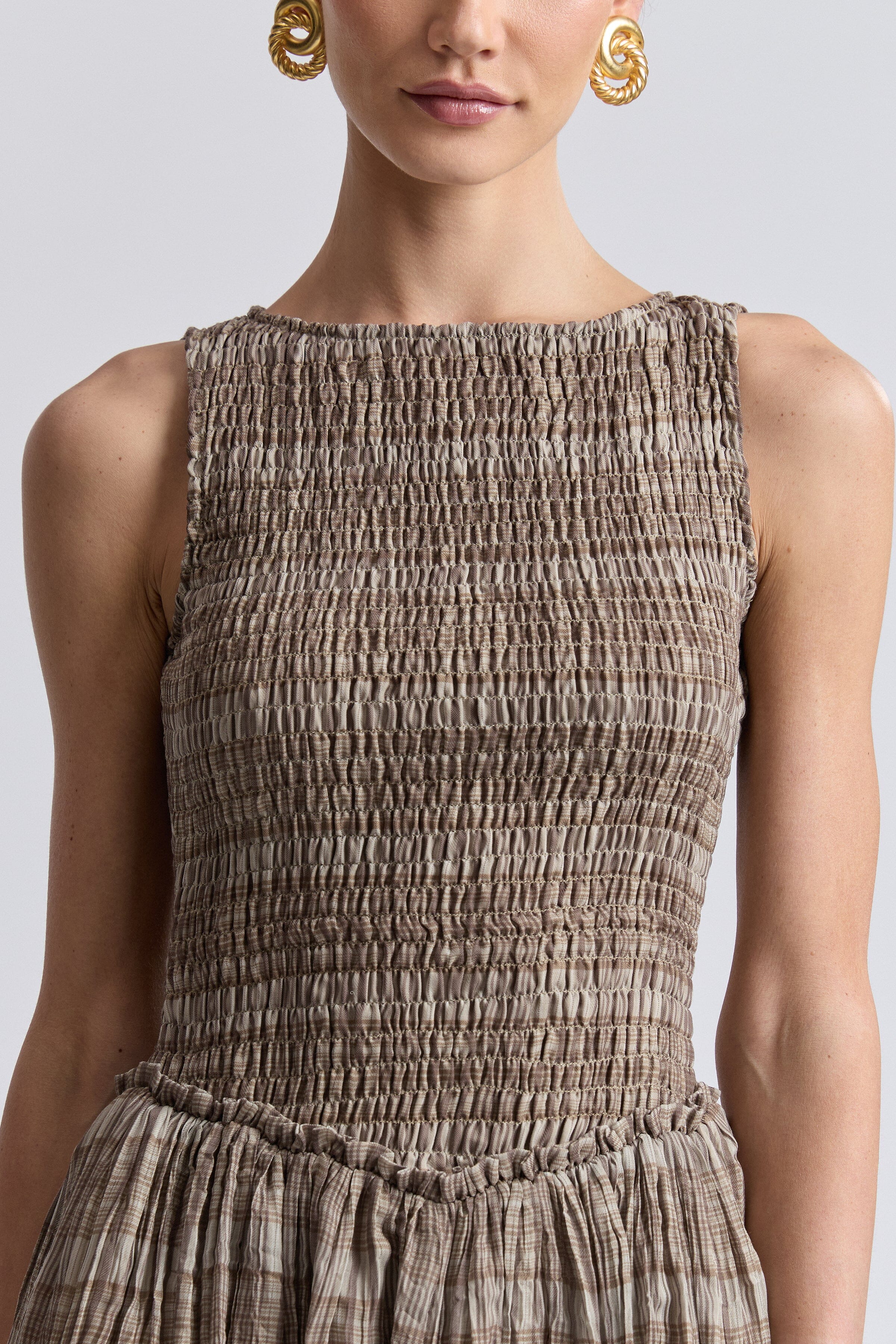 Smocked drop-waist sleeveless tan plaid pleated mini dress with crew neck - Shop women's mini dresses by Avec Les Filles