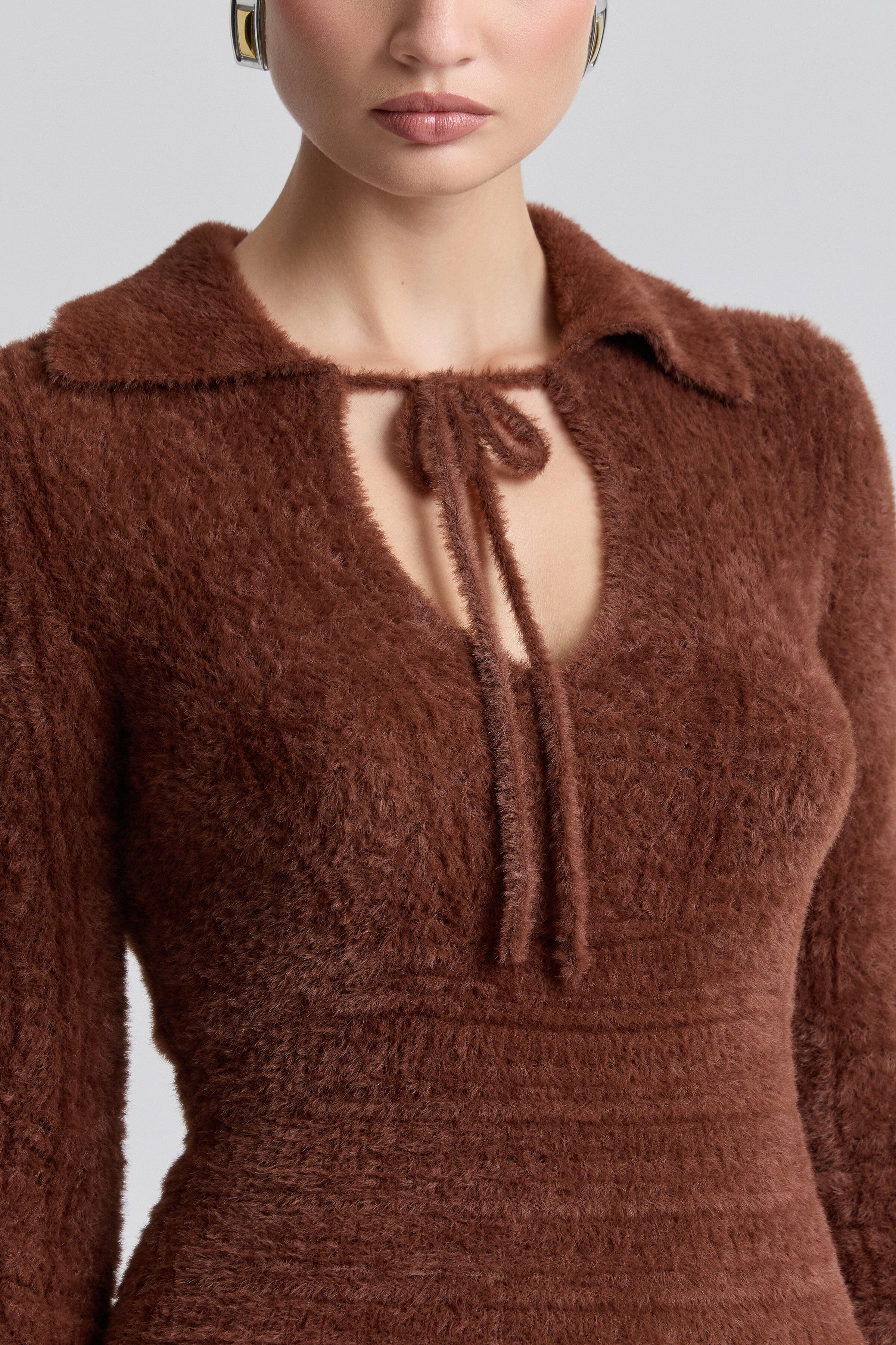 women's brown sweater with long sleeves and a keyhole tie neckline - Shop designer sweaters by Avec Les Filles