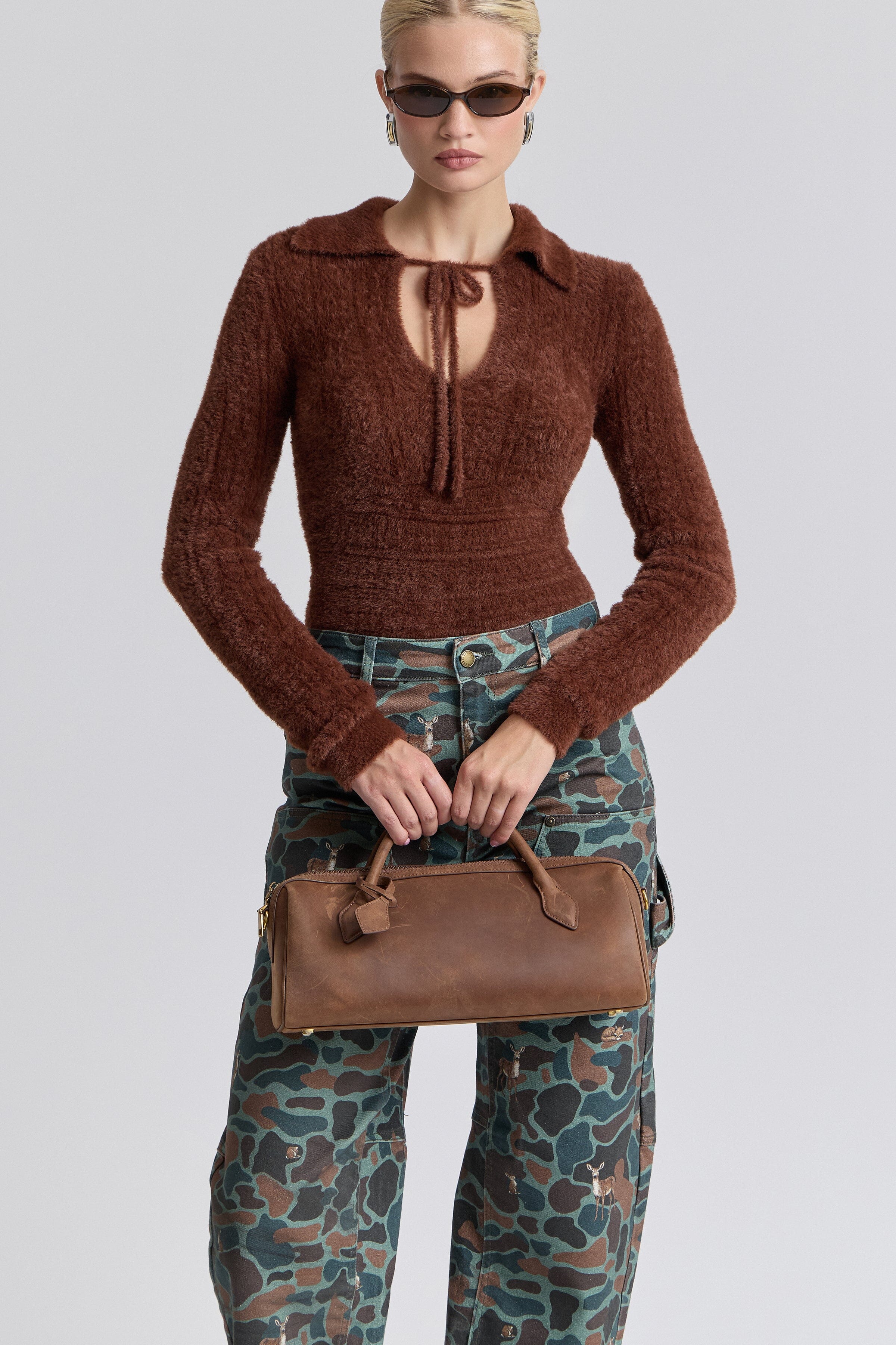 Fuzzy brown sweater with long sleeves and a keyhole tie neckline - Shop womens brown sweaters by Avec Les Filles