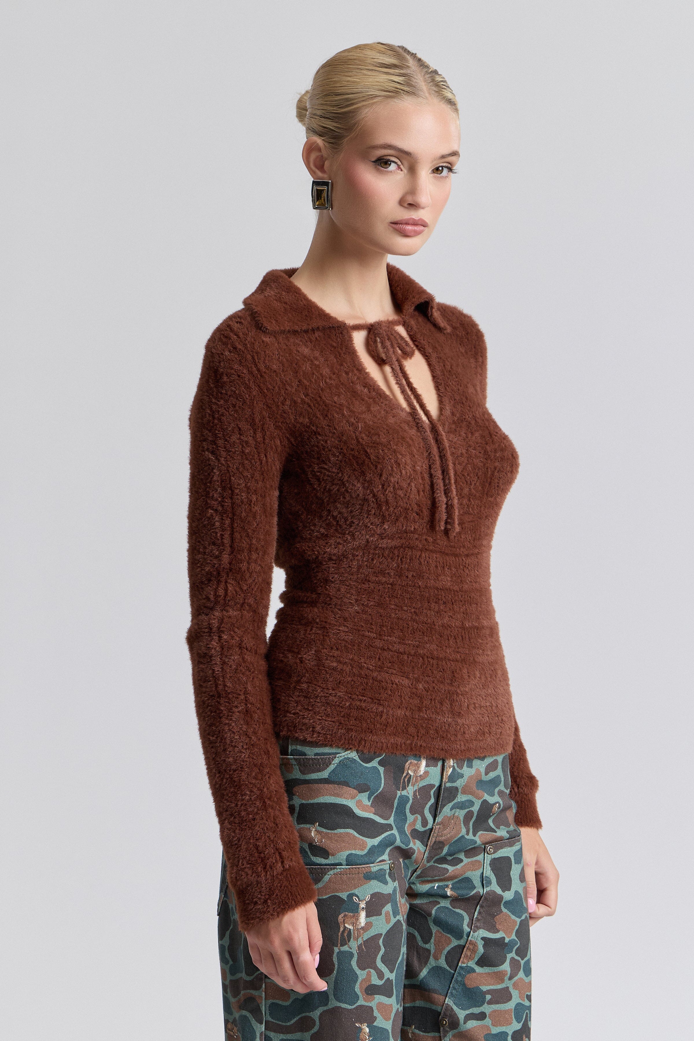 Fuzzy brown sweater womens with long sleeves and a keyhole tie neckline - Shop cute sweaters by Avec Les Filles