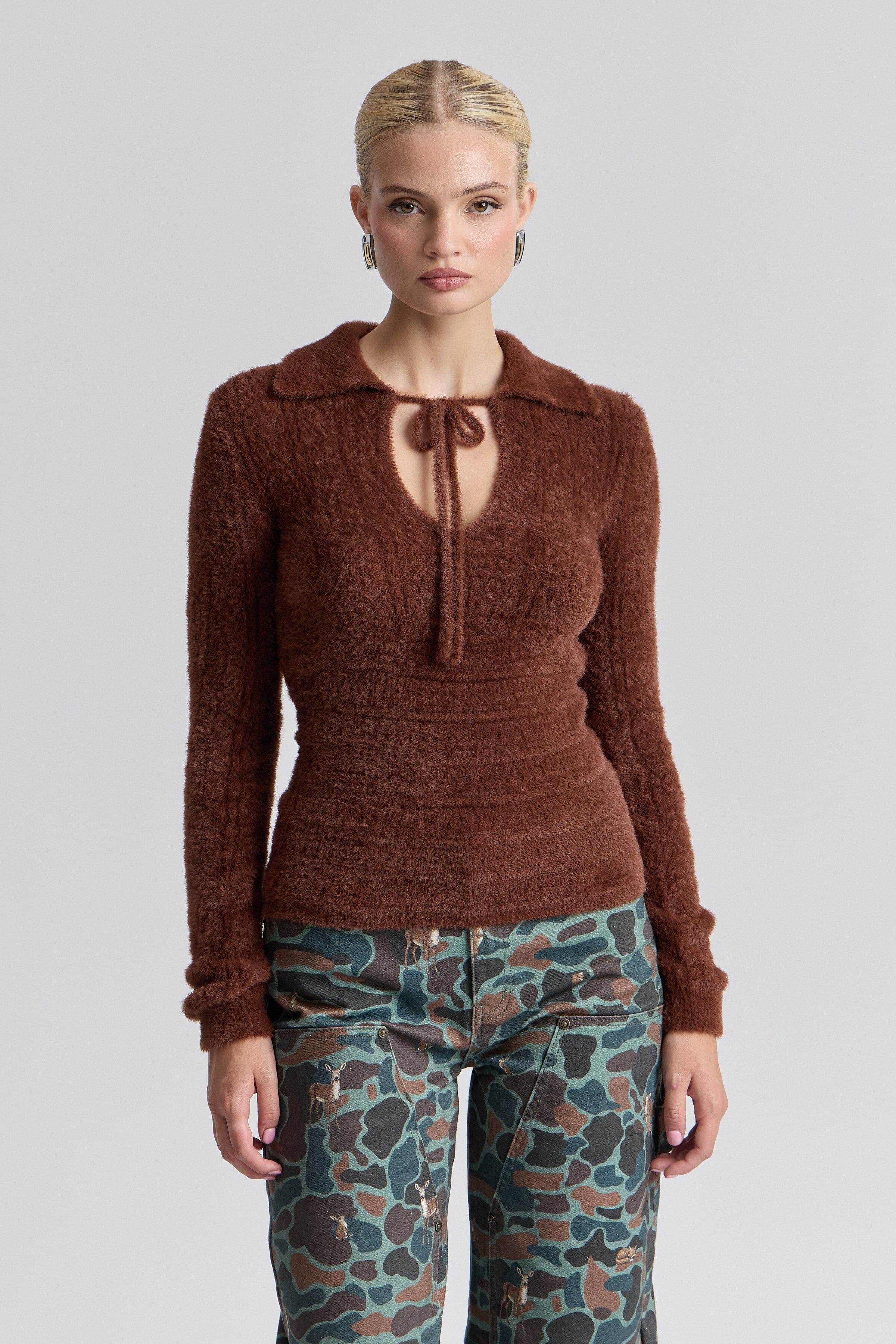 Fuzzy brown sweater with long sleeves and a keyhole tie neckline - Shop designer women's cute sweaters by Avec Les Filles