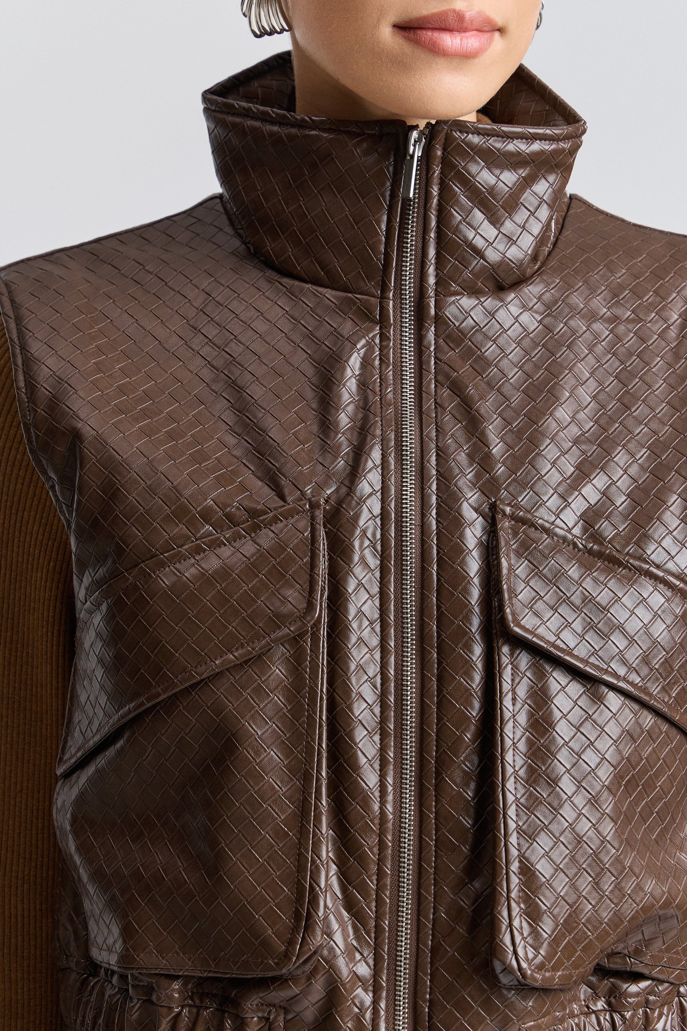 Faux leather basketweave brown womens vest with stand collar and front zipper - Shop cropped vests by Avec Les Filles
