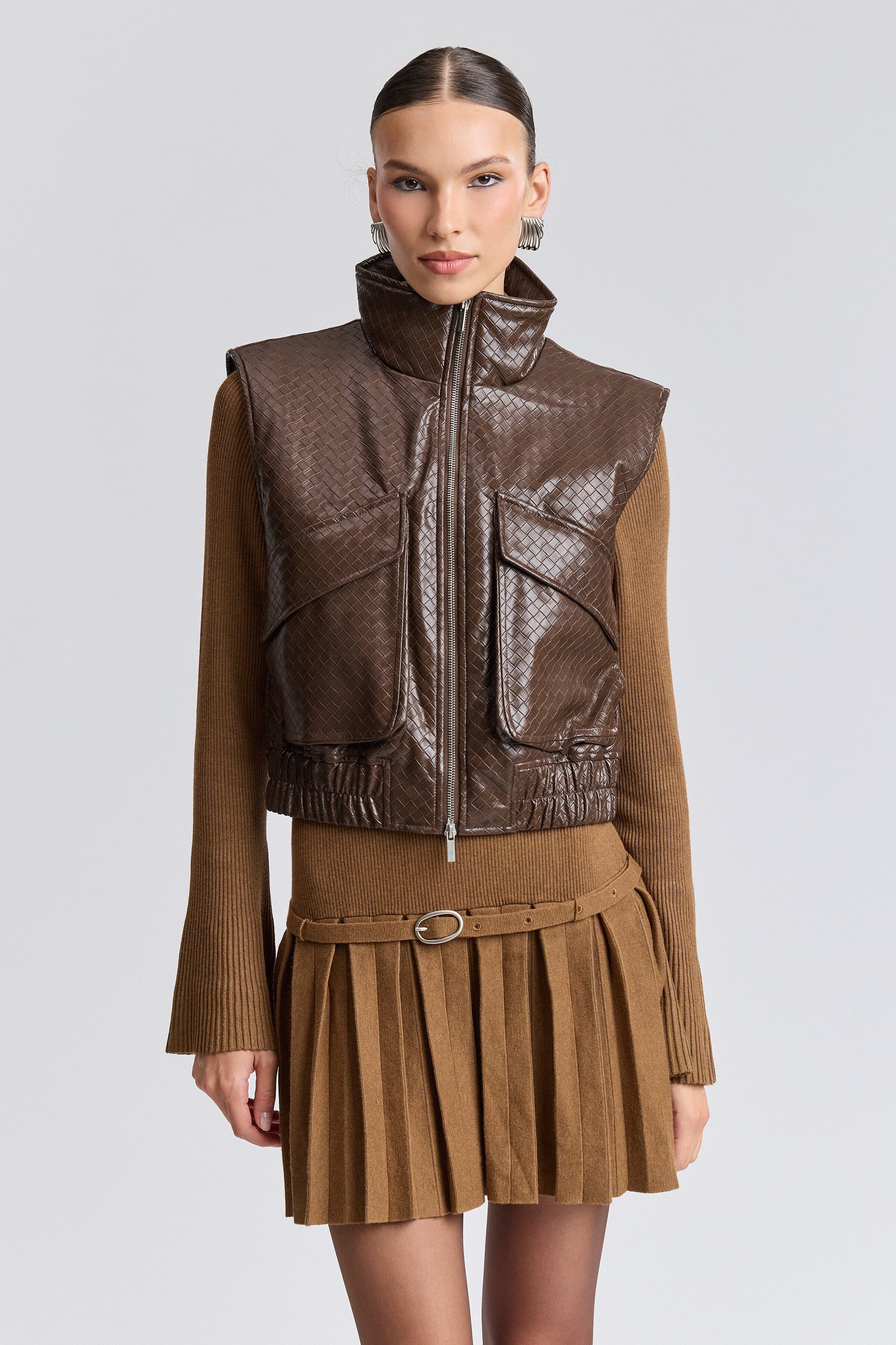 Faux leather basketweave brown crop vest with front zipper - Shop designer women's cropped vests by Avec Les Filles