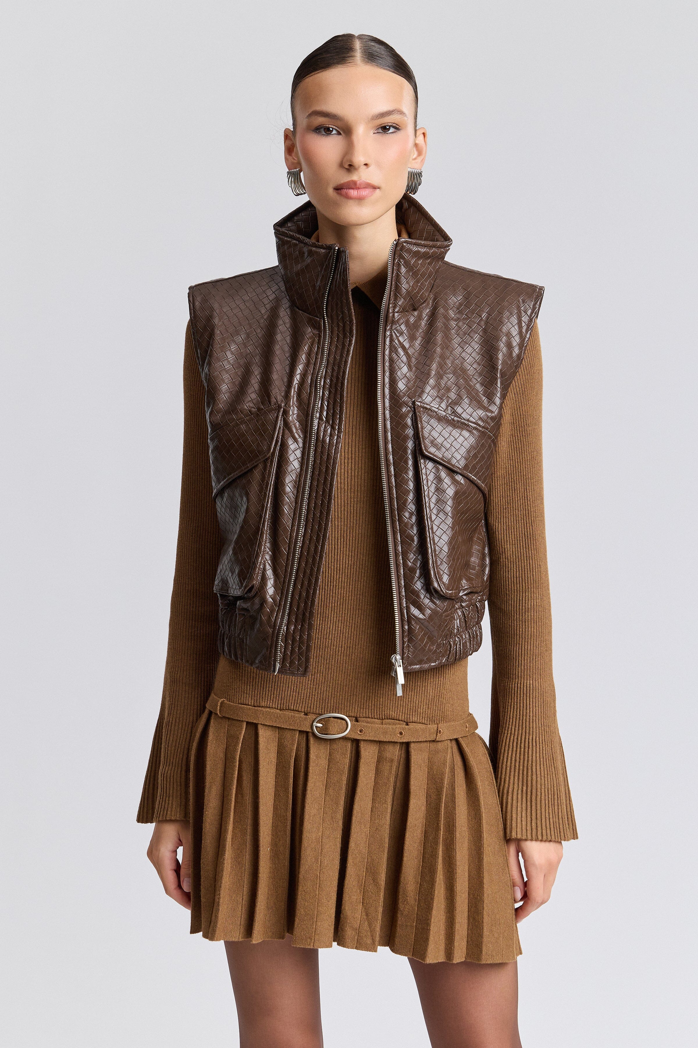 Faux leather basketweave  brown cropped vest with stand collar - Shop women's cropped vests by Avec Les Filles