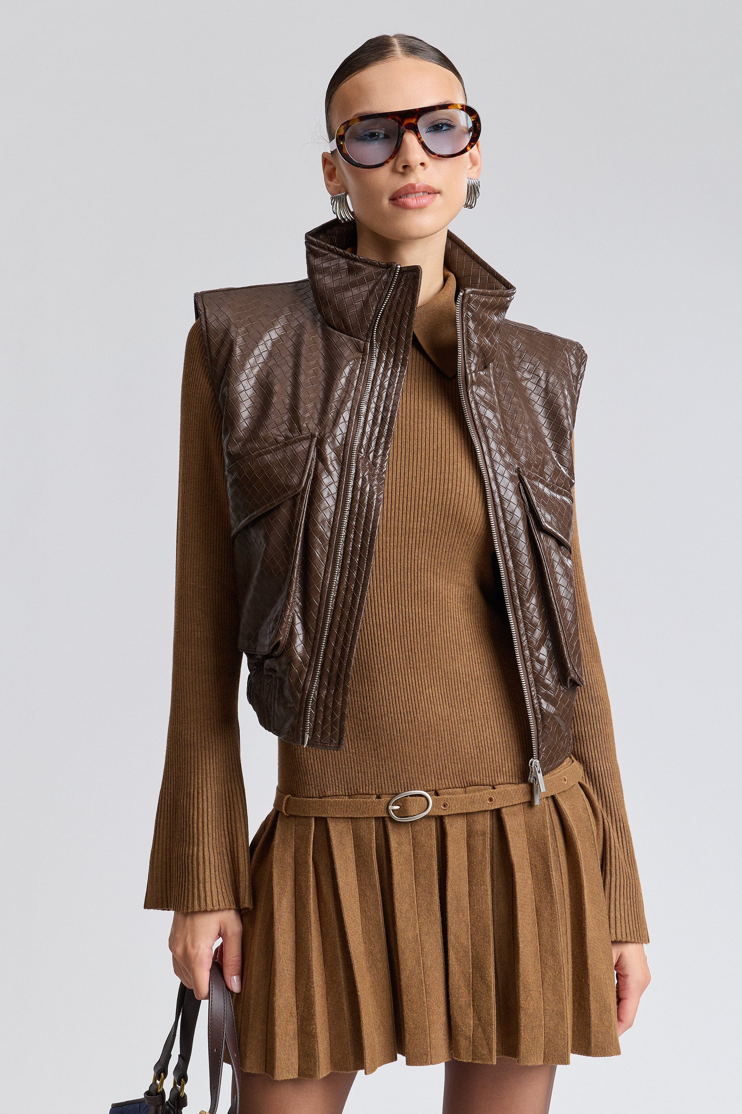 Faux leather basketweave brown crop vest with stand collar and front zipper - Shop cute vests by Avec Les Filles