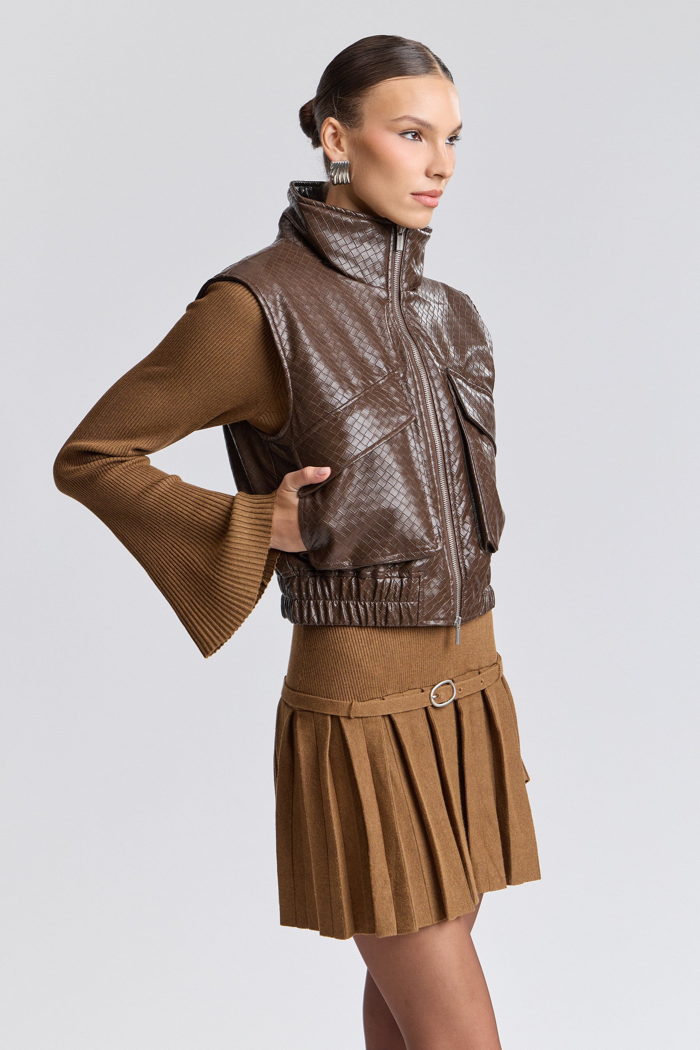 Faux leather basketweave cropped vest brown with front zipper - Shop designer women's cropped vests by Avec Les Filles