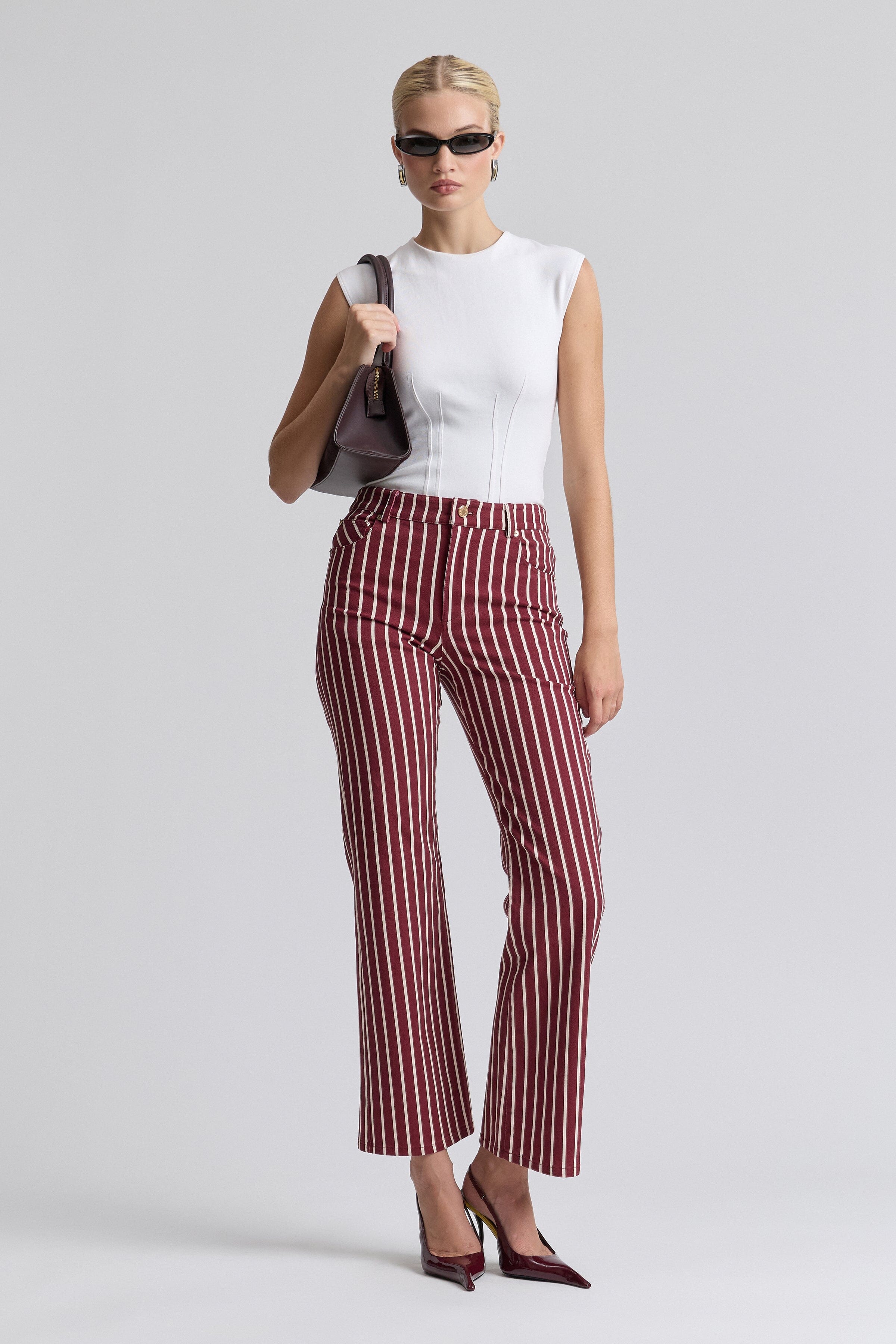 Striped red flare jeans womens in a cotton blend with a high-rise waist - Shop cute red flare jeans by Avec Les Filles.