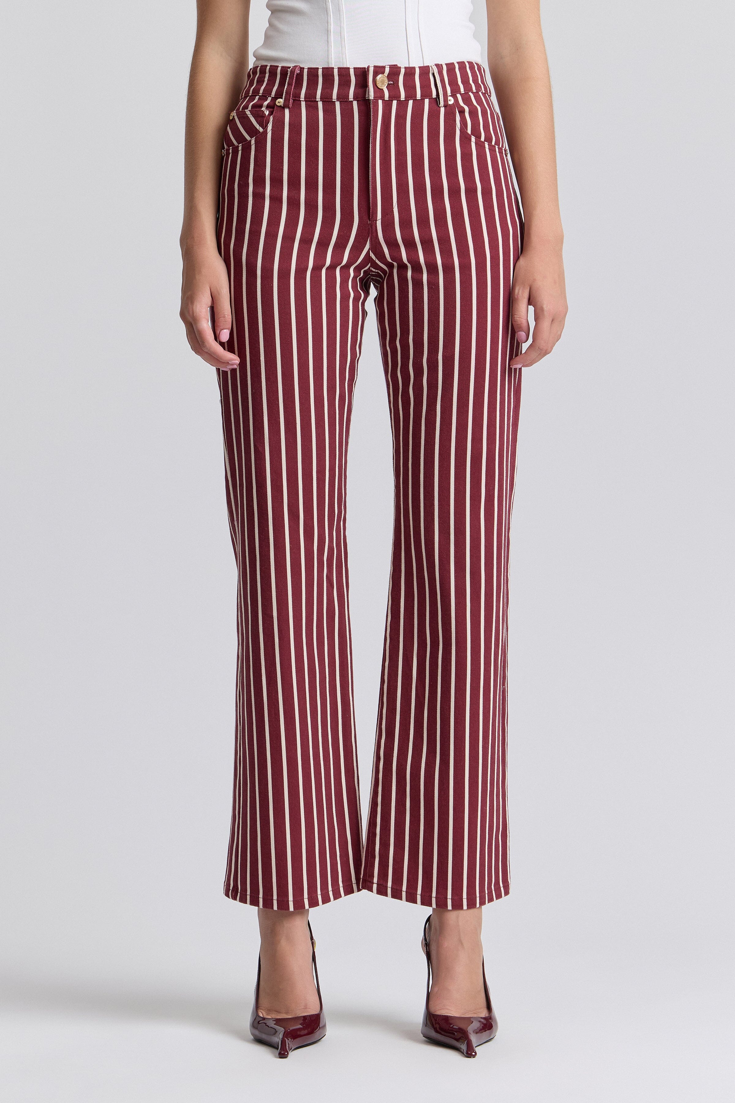 Red white striped pants in a cotton blend with a high-rise waist - Shop women's cute red flare jeans by Avec Les Filles.