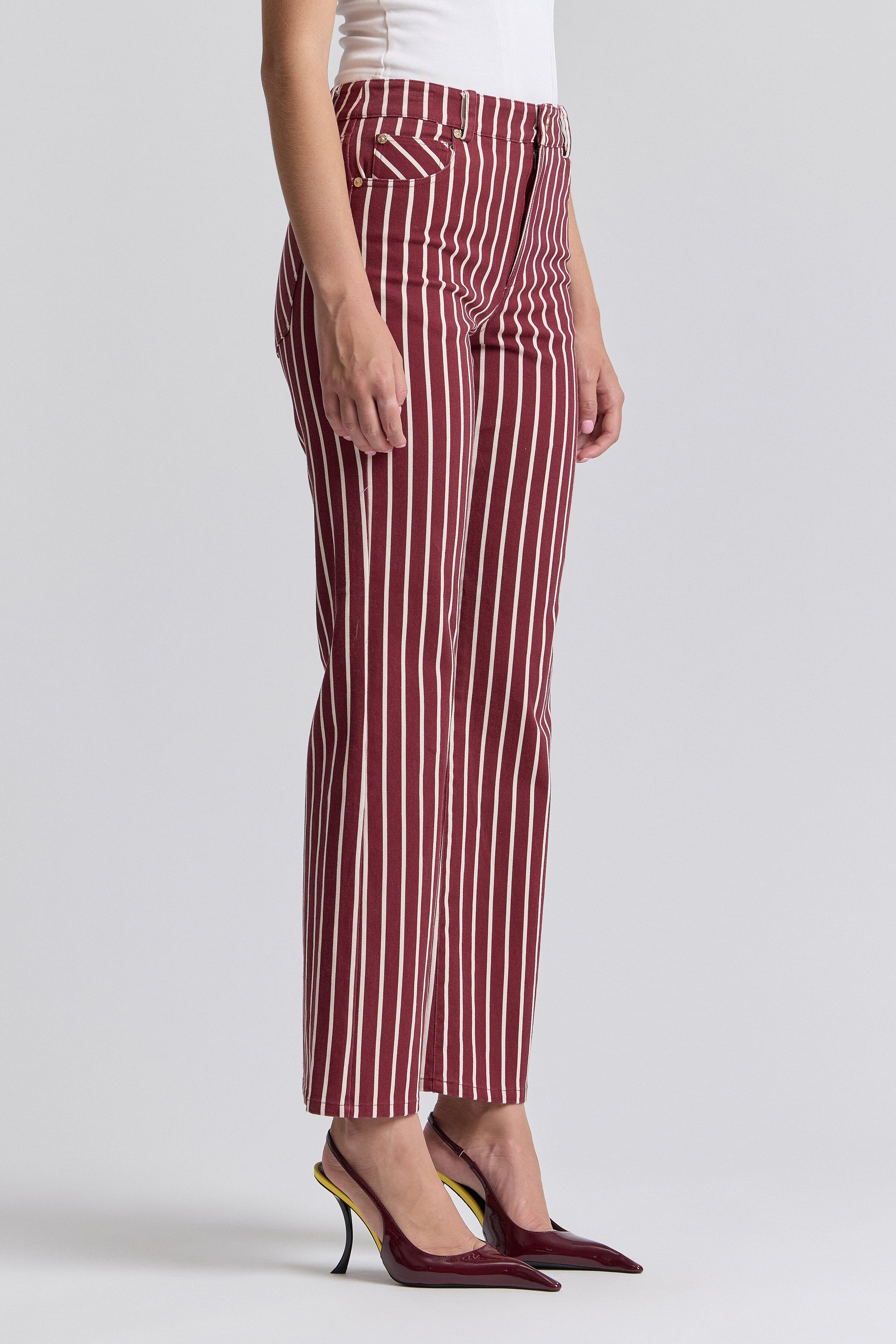 Flared striped red and white pants in a cotton blend with a high-rise waist - Shop cute red flare jeans by Avec Les Filles.