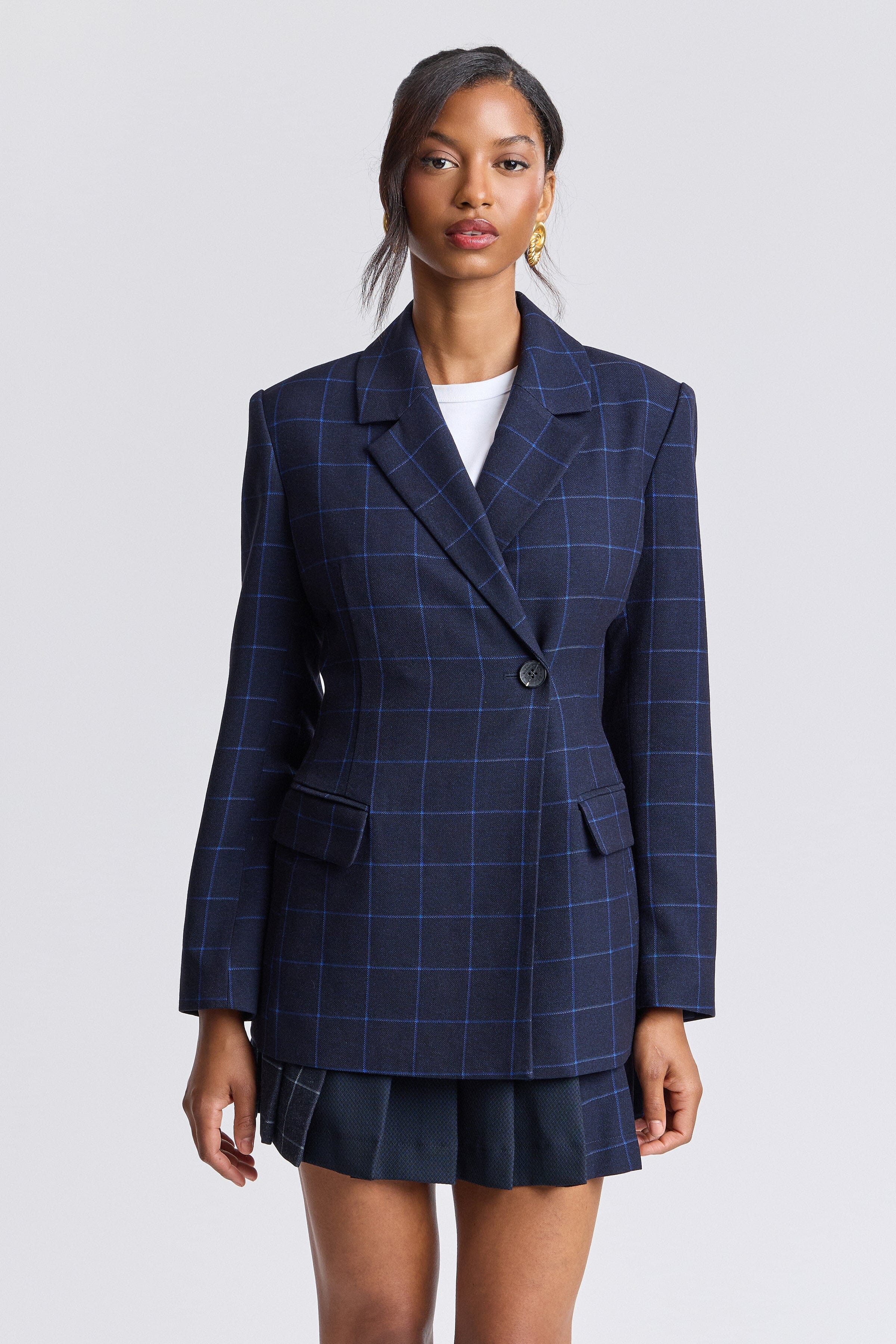 Tailored button-front womens navy blazer​ with notch collar and long sleeves - Shop cute blazer jackets by Avec Les Filles.