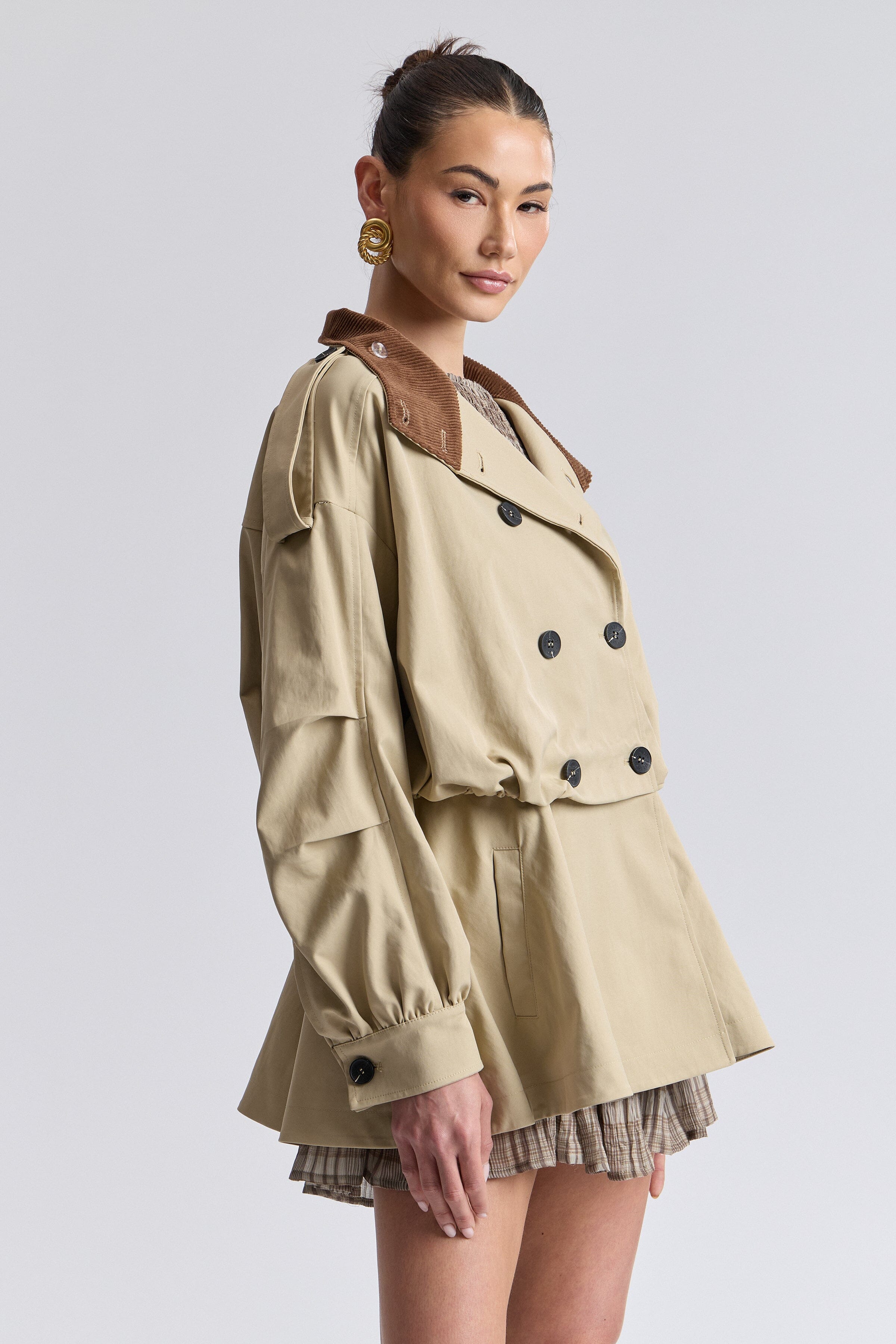 Corduroy-collar blouson peplum khaki trench coat with waist drawcord - Shop women's cute jackets by Avec Les Filles.