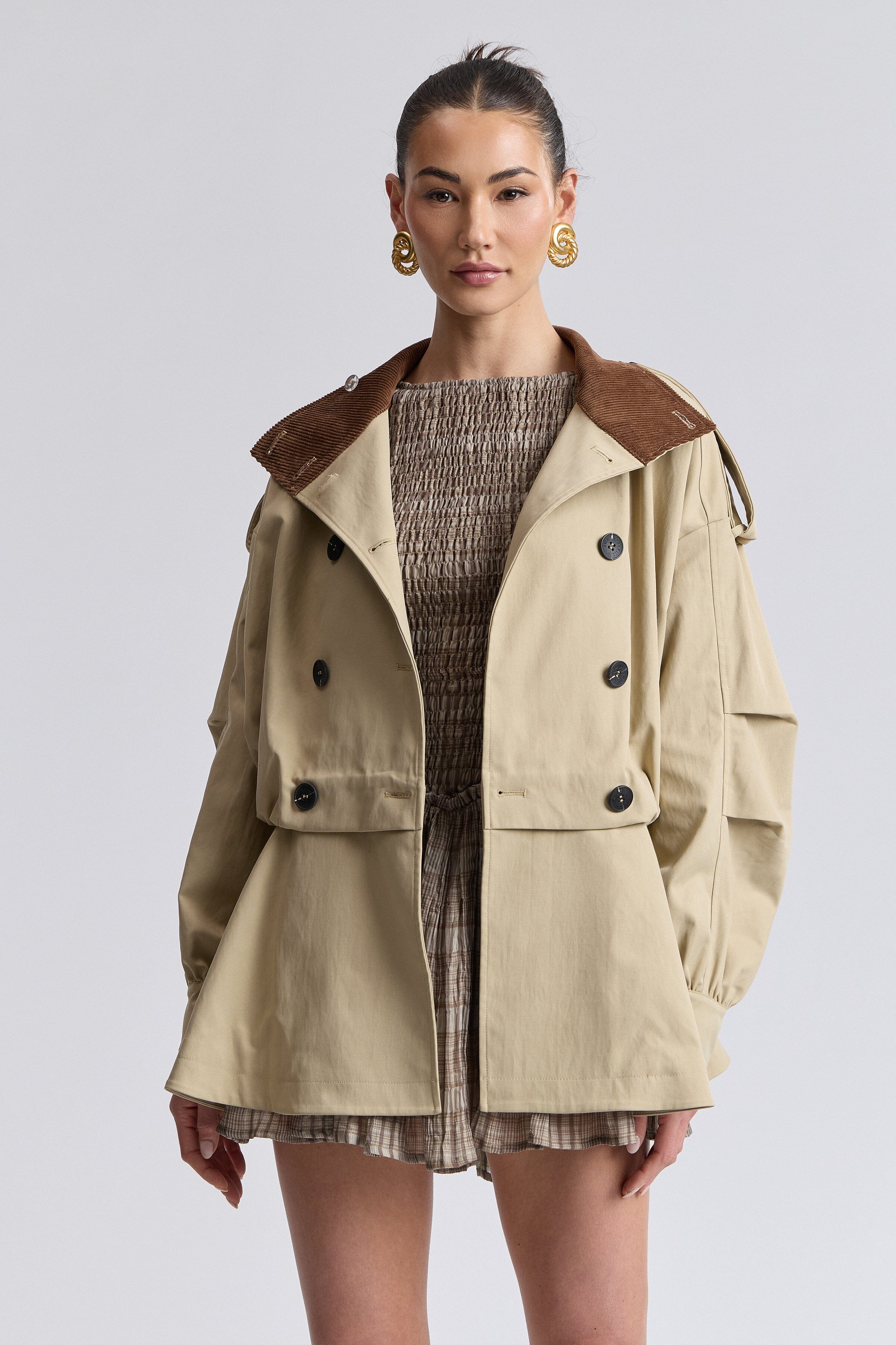 Corduroy-collar peplum trench coat jacket with long blouson sleeves - Shop women's jackets by Avec Les Filles.