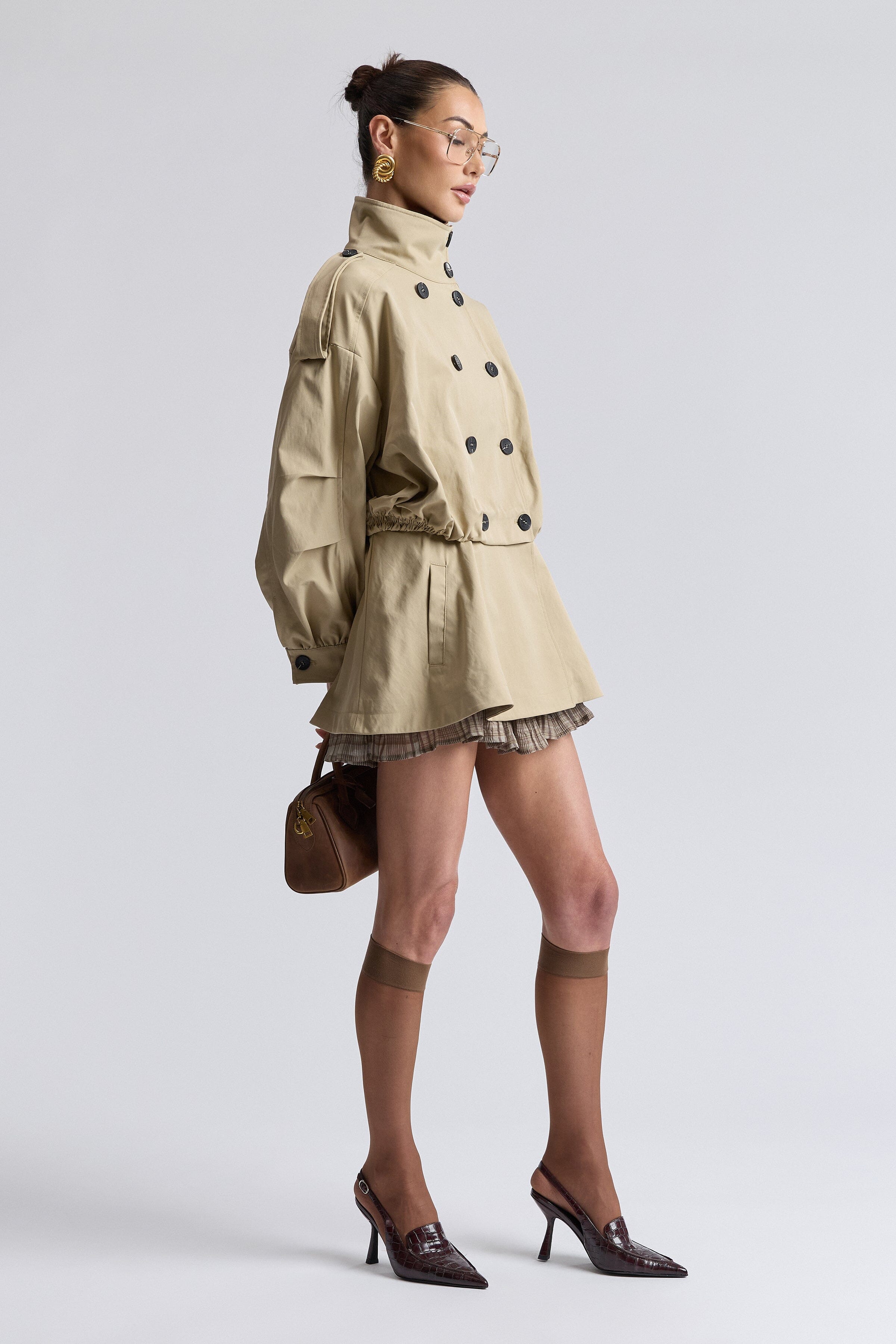 Corduroy-collar womens khaki trench coat​ with long blouson sleeves -Shop women's cute jackets by Avec Les Filles.