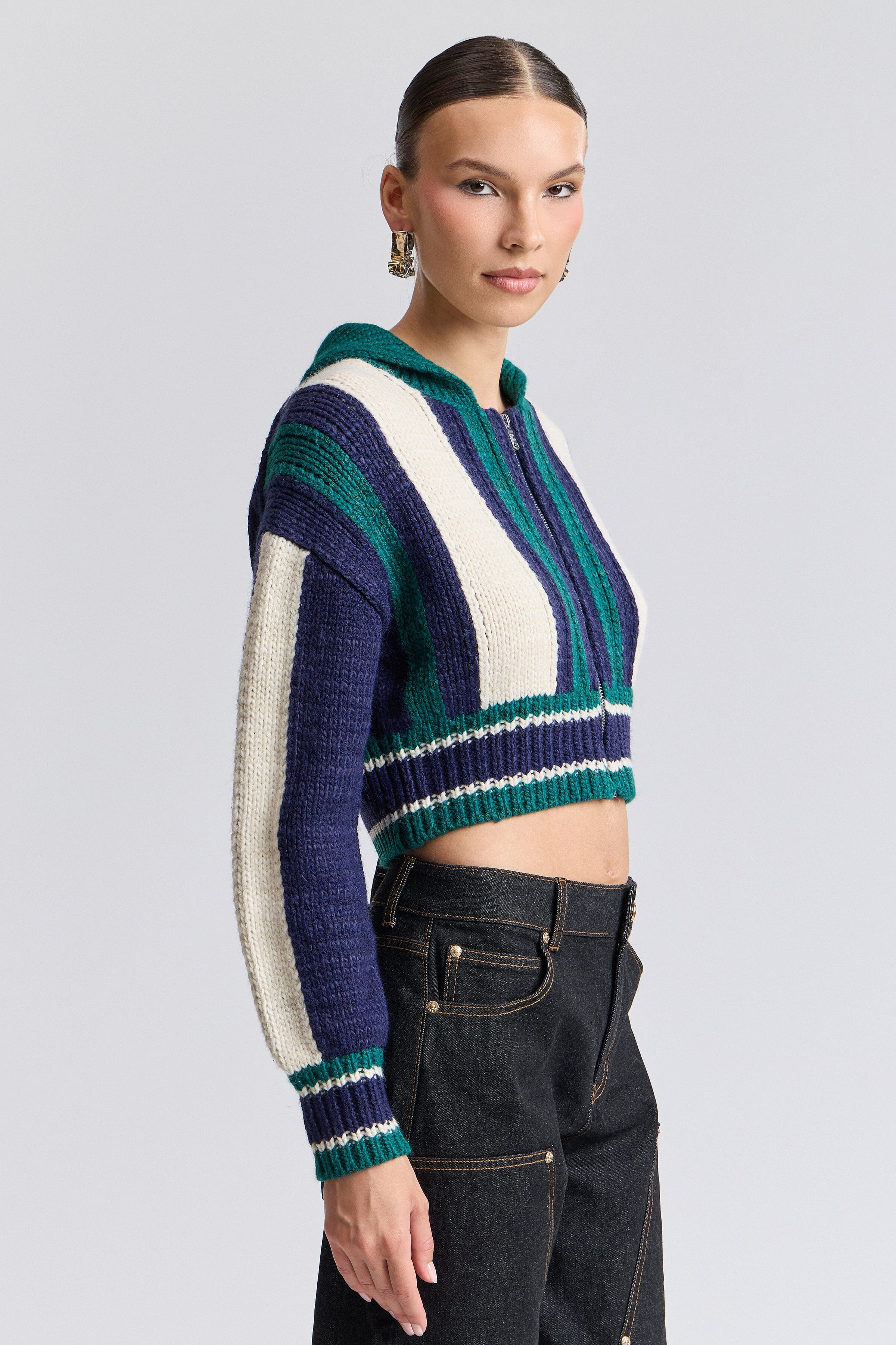 Varsity navy blue and green cropped knitted cardigan - Shop women's cardigan jackets by Avec Les Filles.