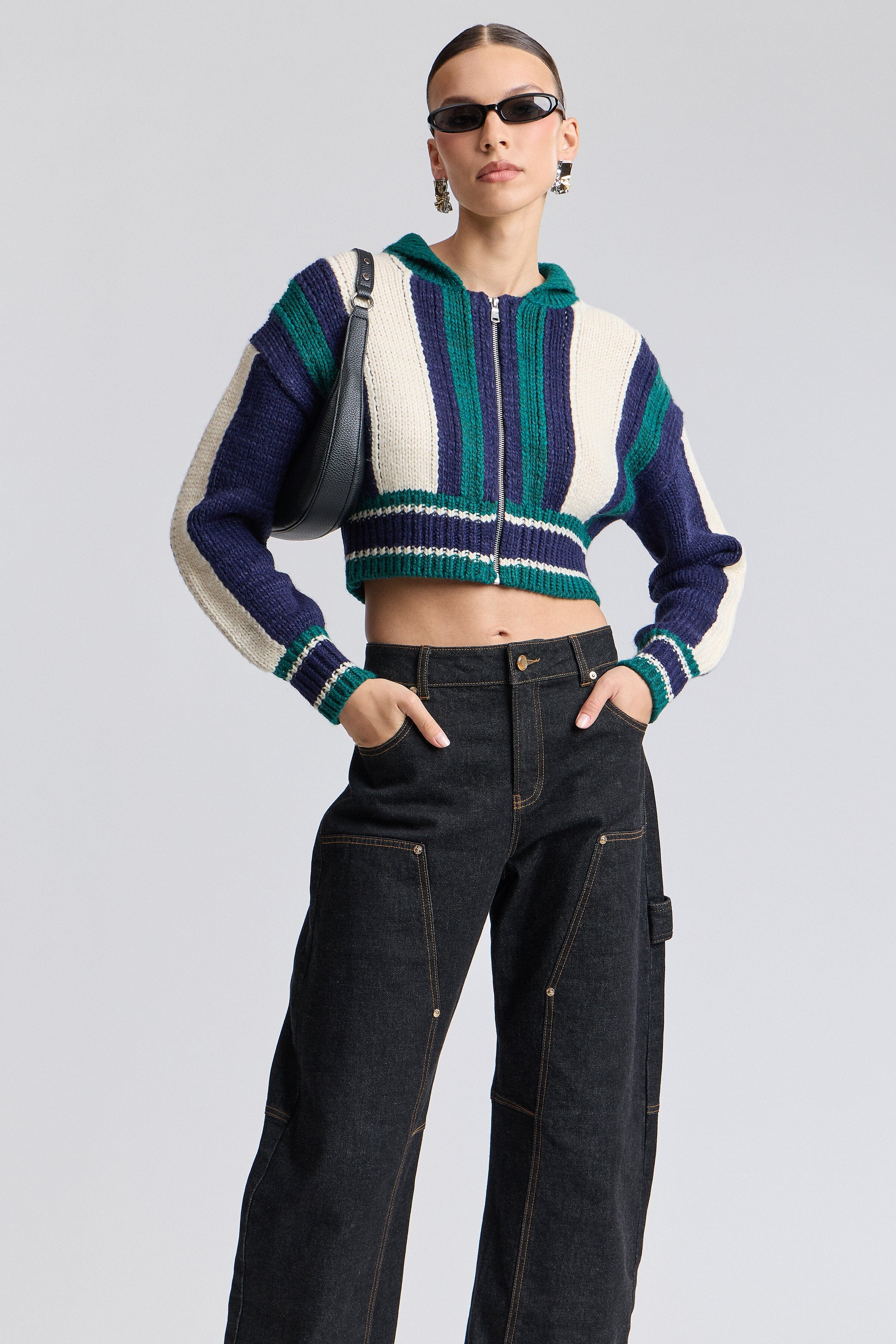 Navy blue and green varsity sweater womens with zip front - Shop designer cardigan jackets by Avec Les Filles.