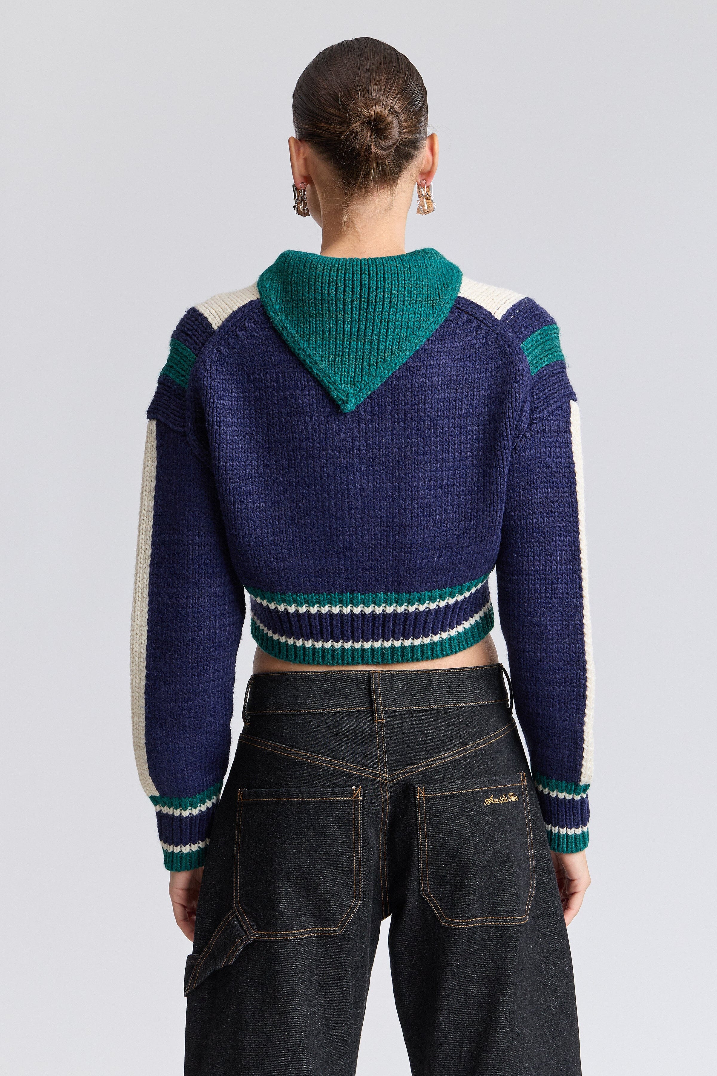 Navy cropped long sleeve cardigan with wide knit collar - Shop women's cropped cardigan by Avec Les Filles.