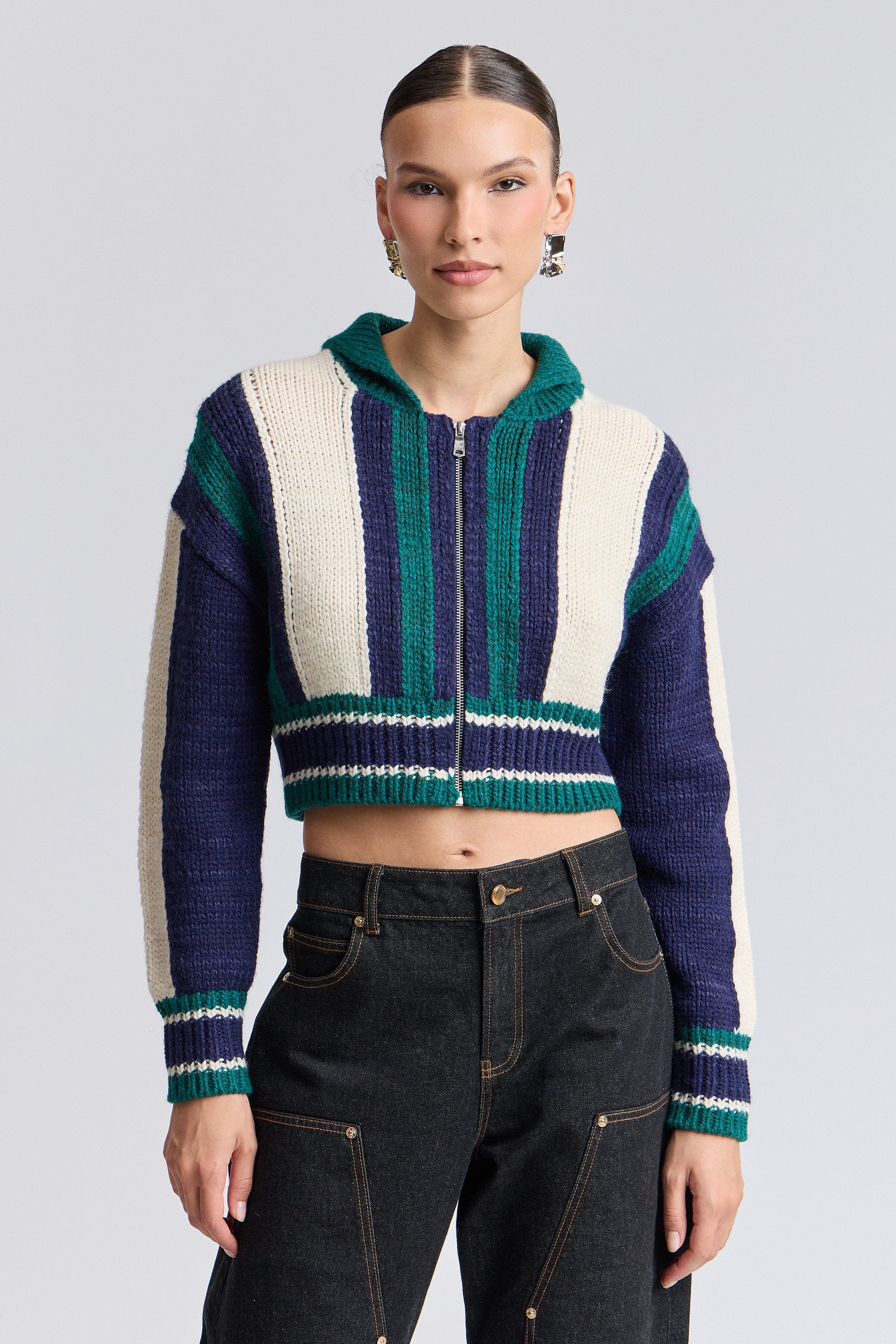 Varsity navy and green cropped long sleeve cardigan with zip front - Shop women's cardigans by Avec Les Filles.