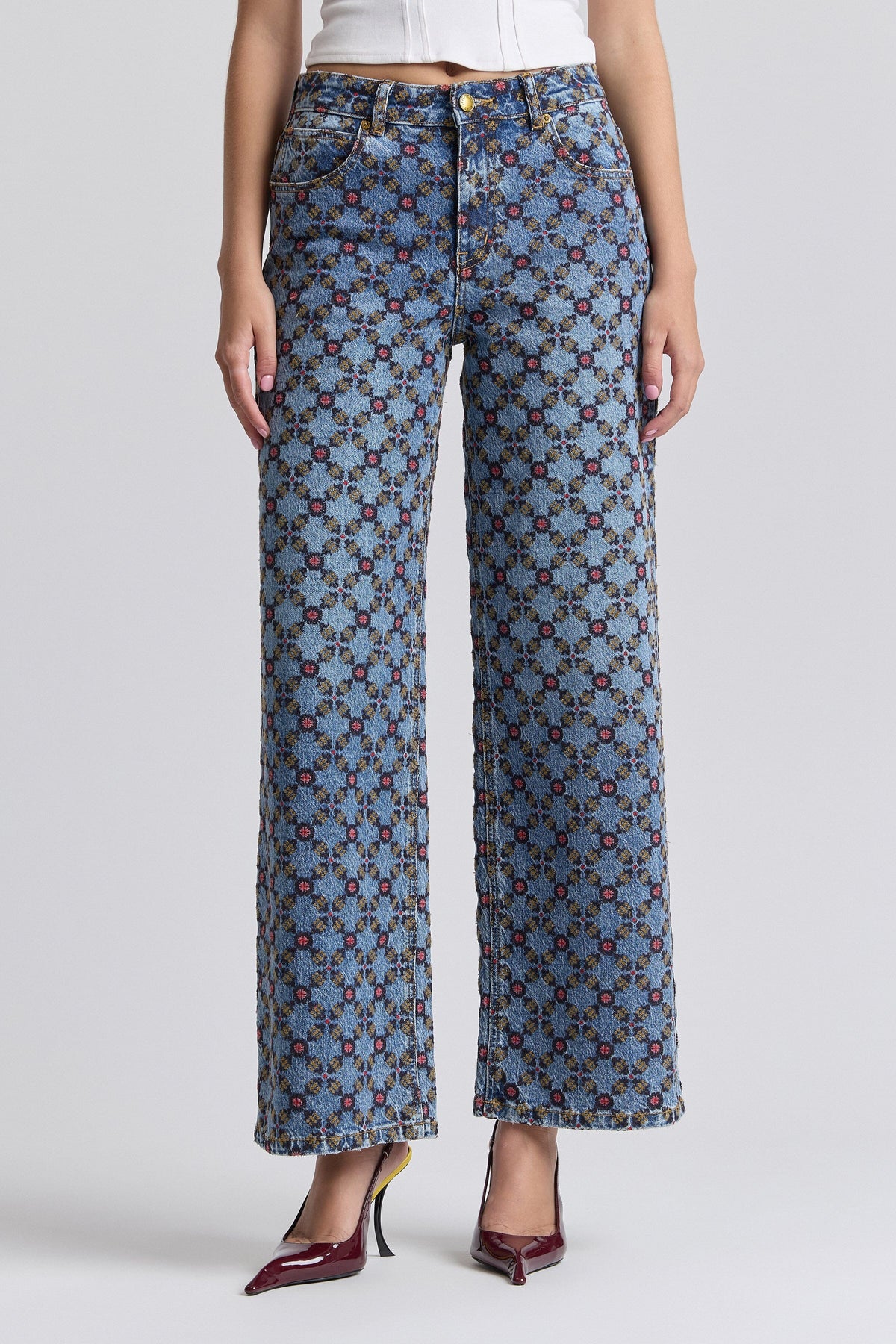 Wide-leg denim jeans with embroidery and mid-rise waist - Shop women's cute denim jeans by Avec Les Filles.
