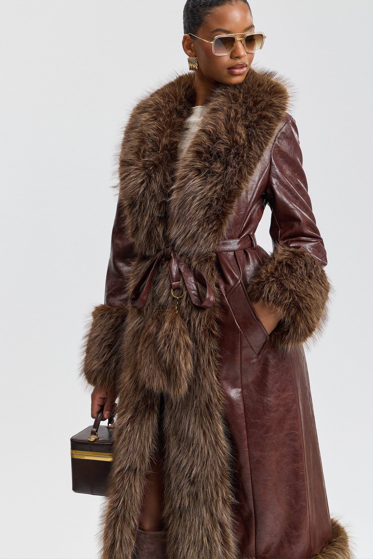 Brown belted faux fur full length coat with a lapel collar - Shop designer women's cute faux fur jackets by Avec Les Filles.
