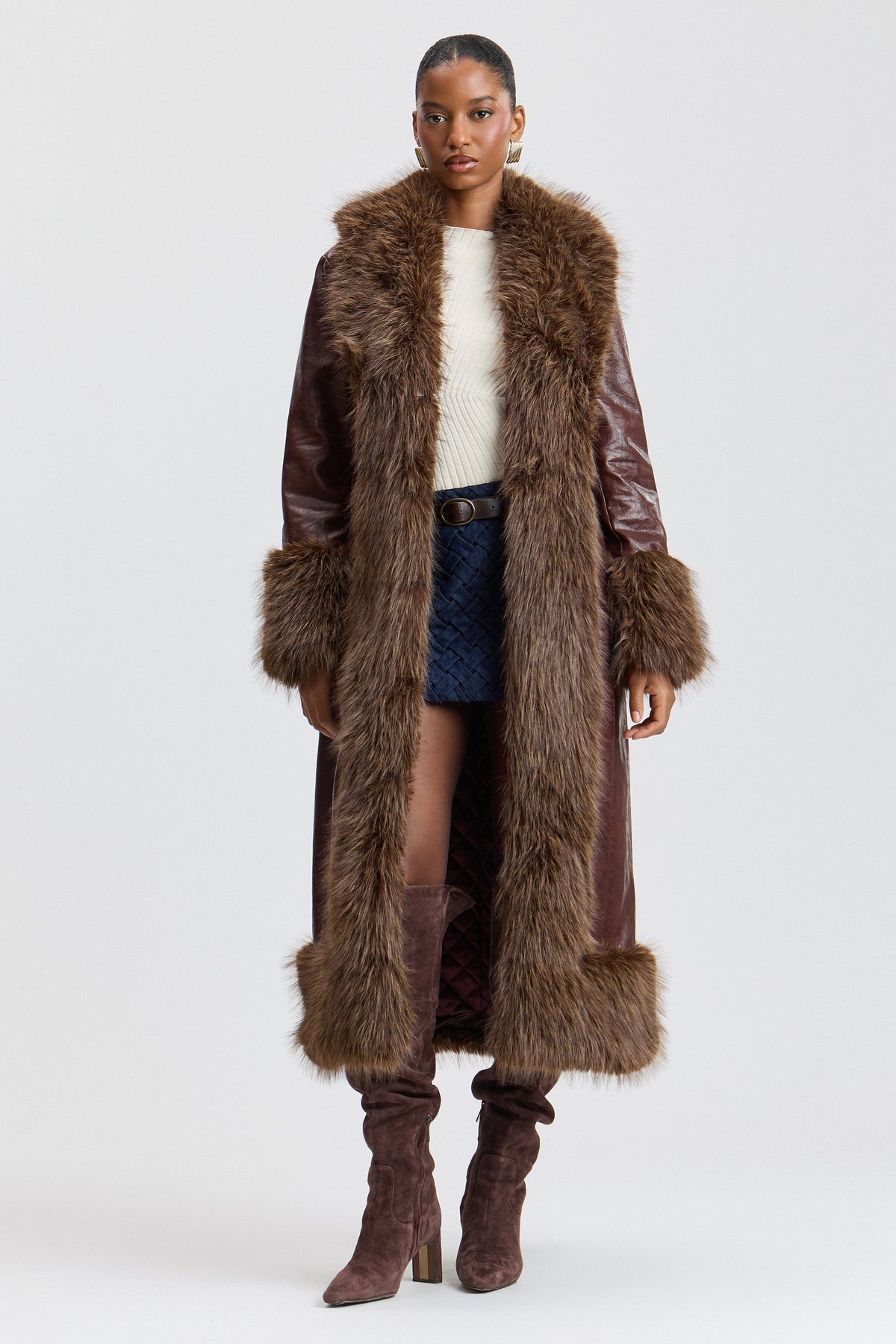 Brown long faux fur coat with a centre front and lapel collar - Shop women's cute faux fur jackets by Avec Les Filles.