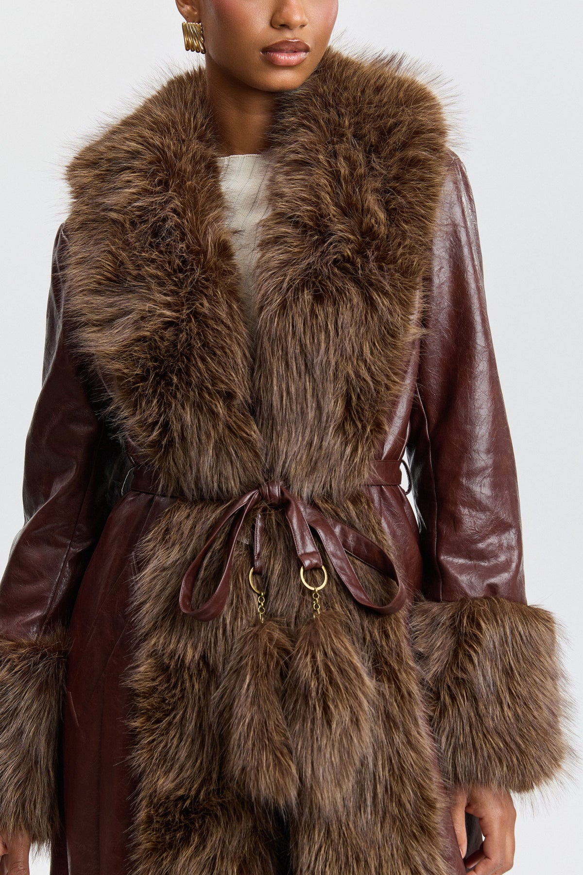 Brown belted faux fur jacket coat with a lapel collar - Shop designer women's cute faux fur jackets by Avec Les Filles.